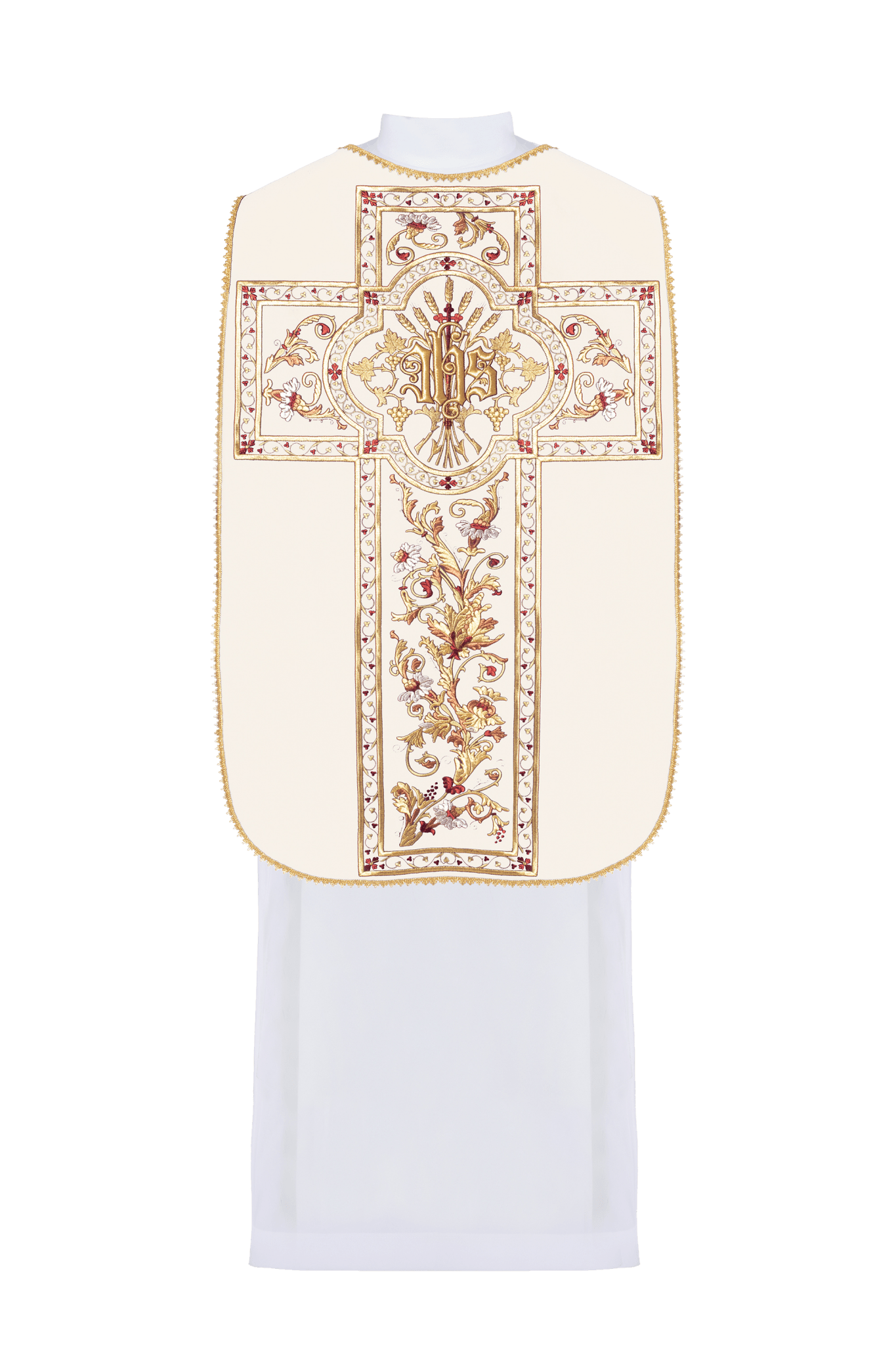 Roman ivory chasuble with classic gold JHS embroidery KOR/200/05/01 ECRU - HAFTINAUSA.COM