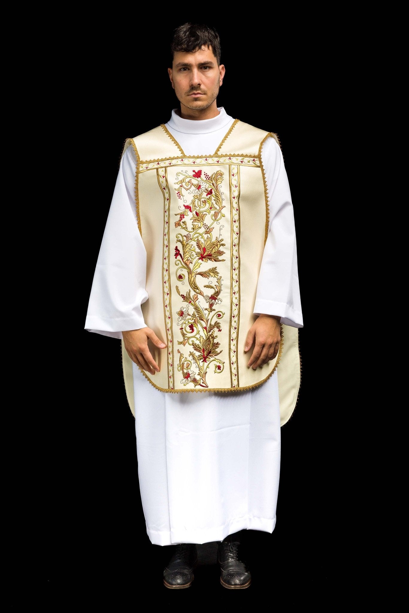 Roman ivory chasuble with classic gold JHS embroidery KOR/200/05/01 ECRU - CHASUBLES.COM