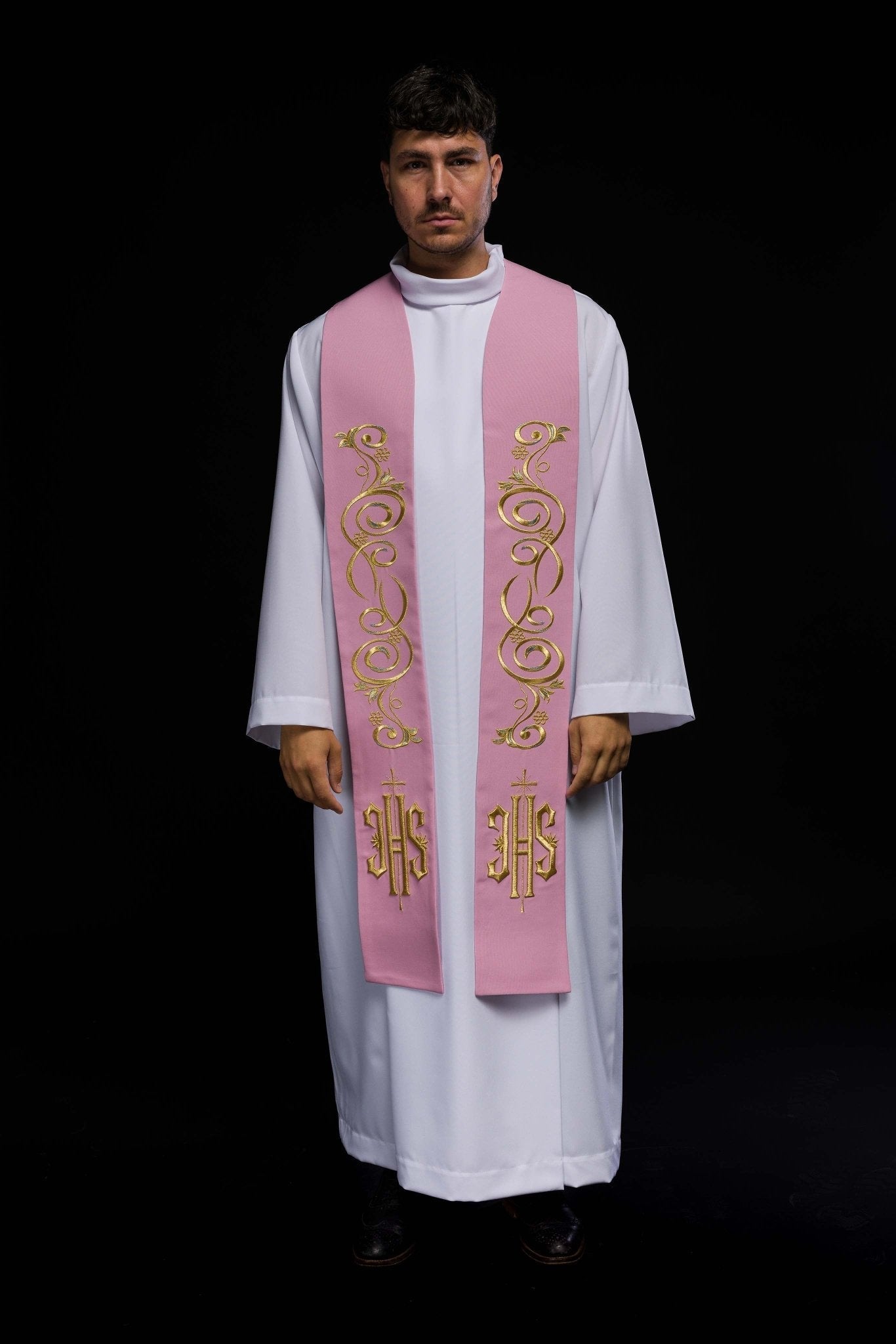 Rose - colored priestly stole embroidered with IHS KST/031/08/01 RÓŻOWY - HAFTINAUSA.COM