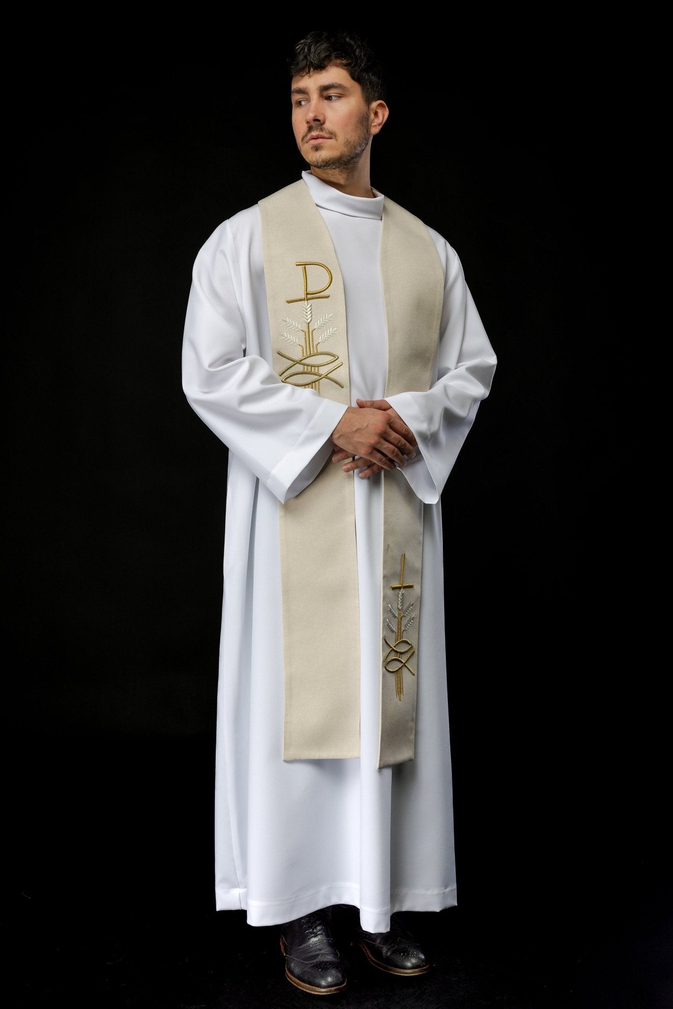 Simple priest stole in ivory with ichthys and PAX embroidery S - 2058 - 05 - 70 - HAFTINAUSA.COM