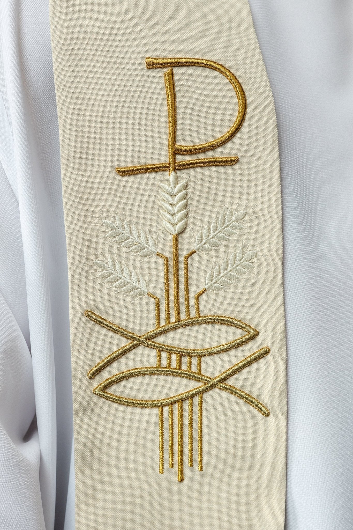 Simple priest stole in ivory with ichthys and PAX embroidery S - 2058 - 05 - 70 - HAFTINAUSA.COM