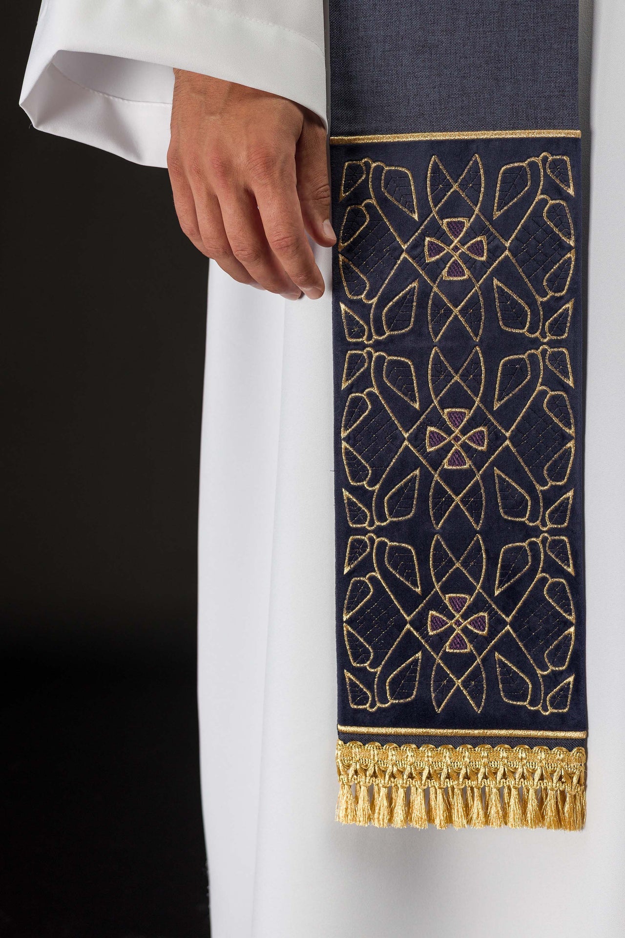 Velvet Embroidered Stole with IHS Motif in Purple S-2055-03-70 - CHASUBLES.COM