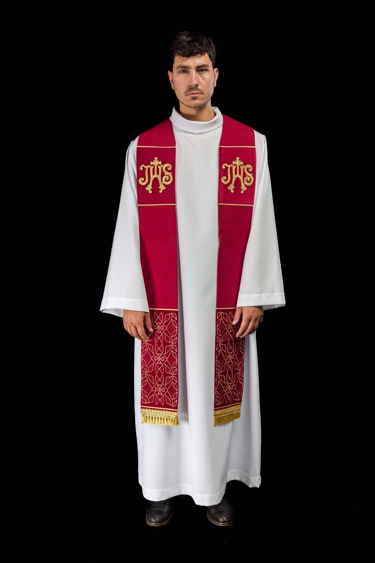 Velvet Embroidered Stole with IHS Motif in Red S-2055-02-70 - CHASUBLES.COM