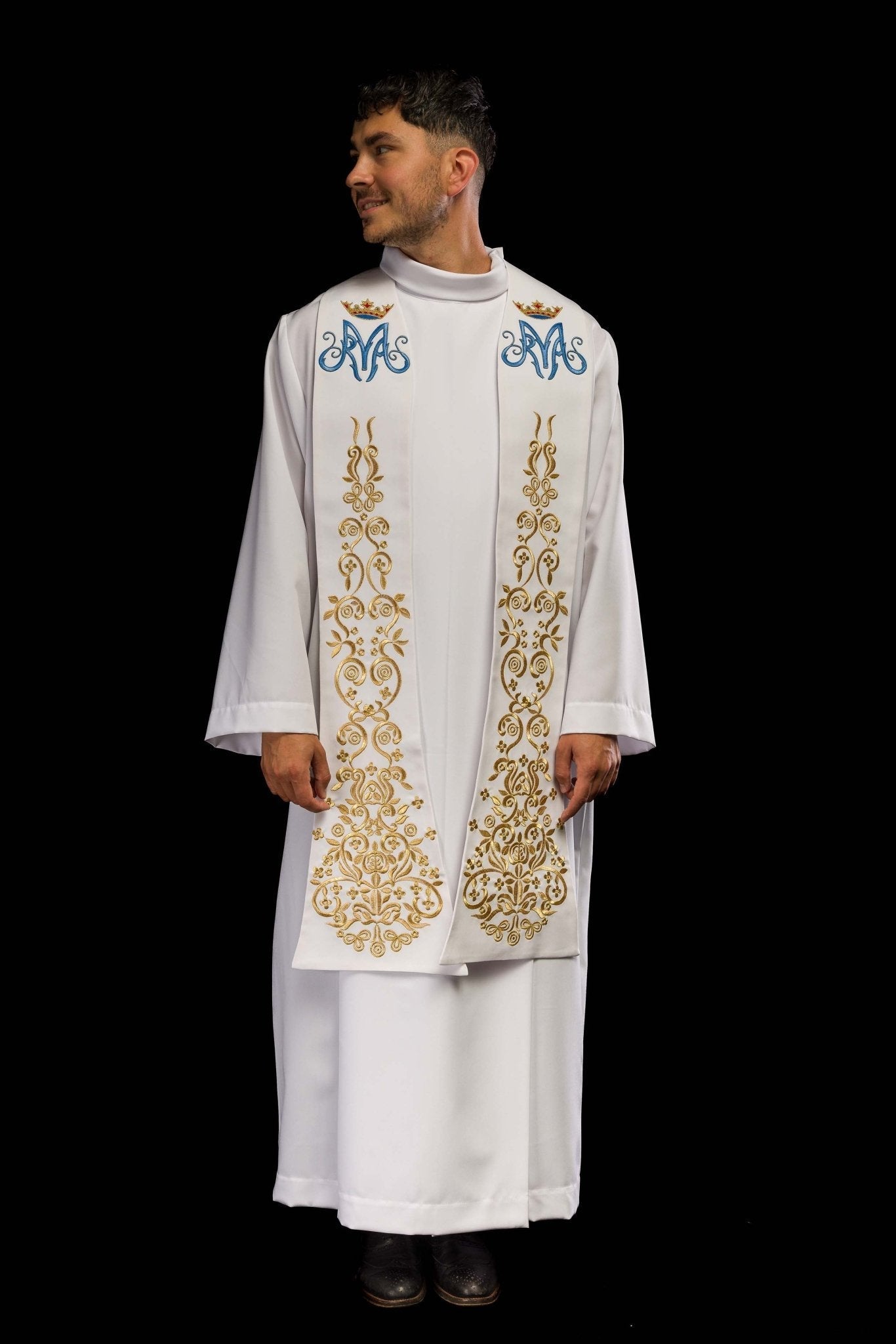 White embroidered priestly stole with Marian motif and crown KST/040/04/01 BIAŁY - HAFTINAUSA.COM