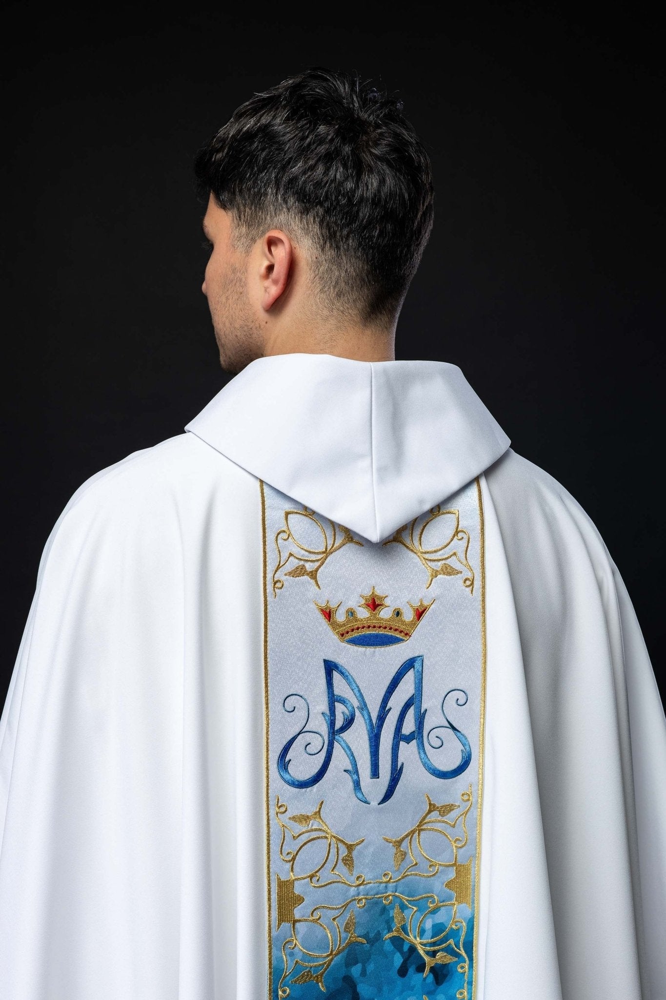 White Marian liturgical chasuble with an embroidered and sublimated belt HA7015 - 04 BIAŁY - HAFTINAUSA.COM