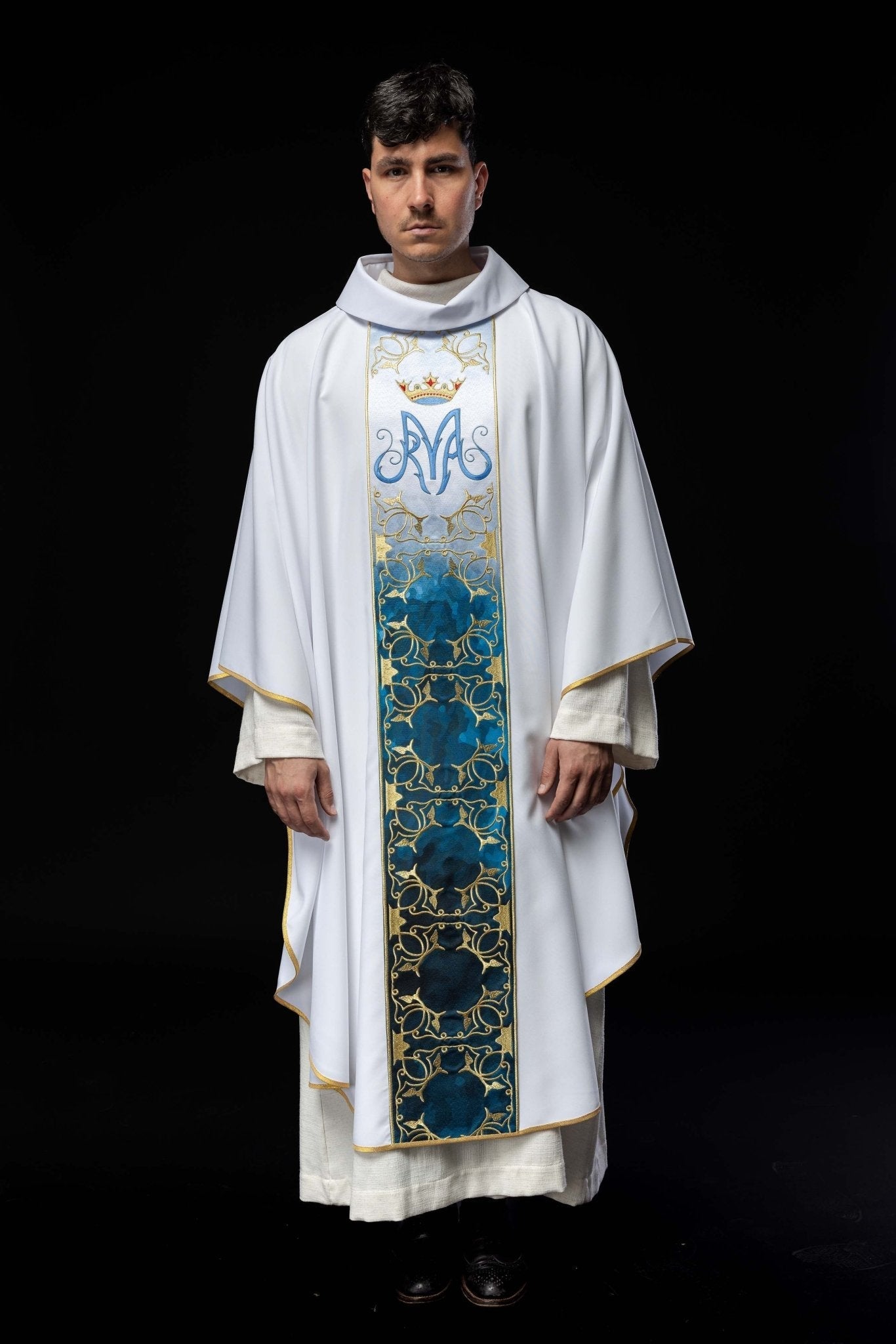 White Marian liturgical chasuble with an embroidered and sublimated belt HA7015 - 04 BIAŁY - HAFTINAUSA.COM