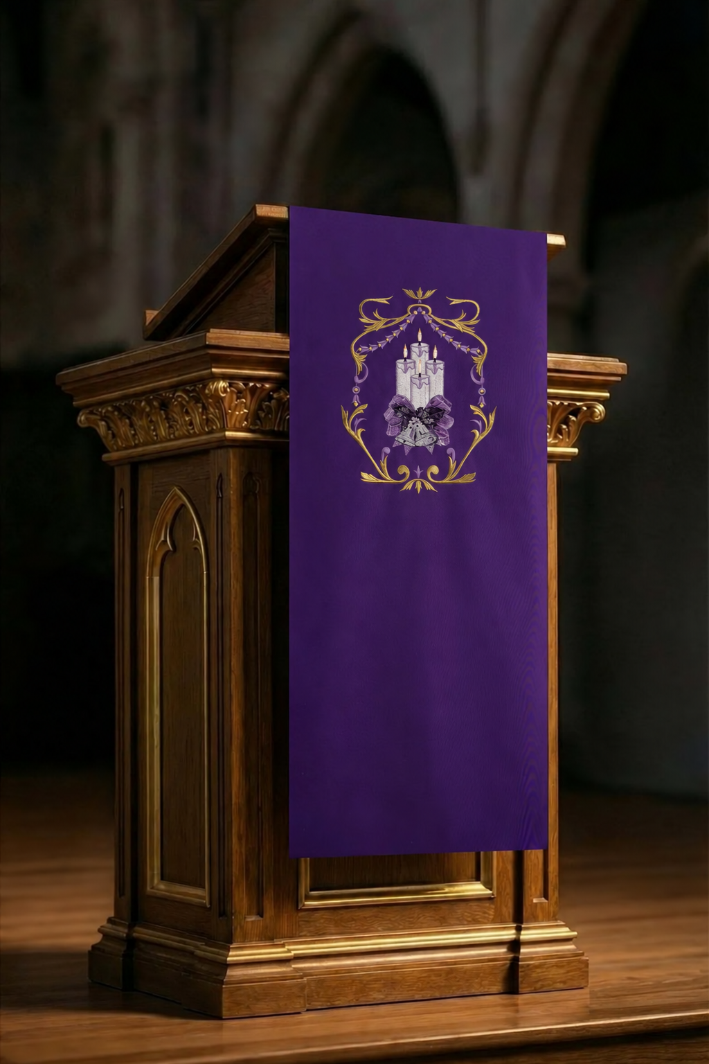 Front view of a purple Advent lectern cover embroidered with candle motifs