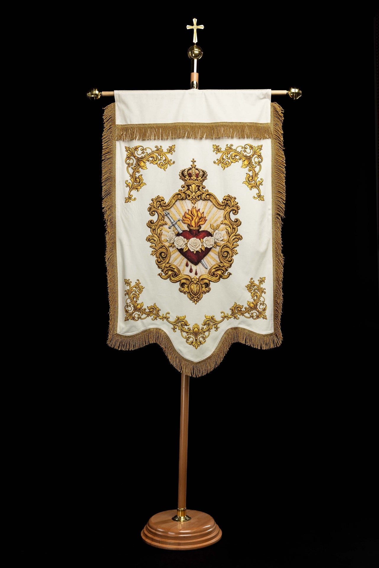 Double-Sided Printed Marian Liturgical Banner with Heart Symbol and Marian Monogram