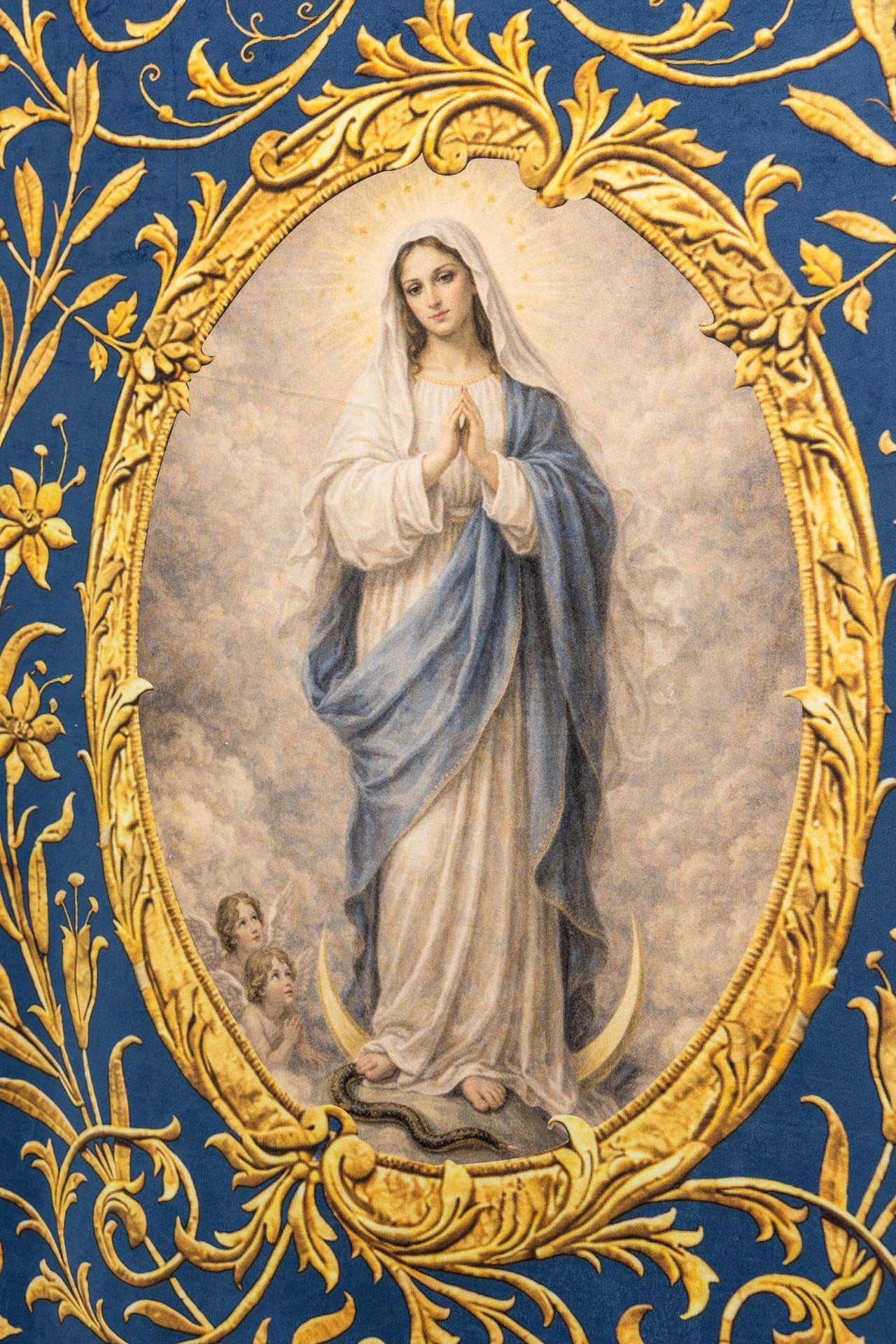 Double-Sided Printed Liturgical Banner with Our Lady of the Immaculate Conception and Marian Monogram