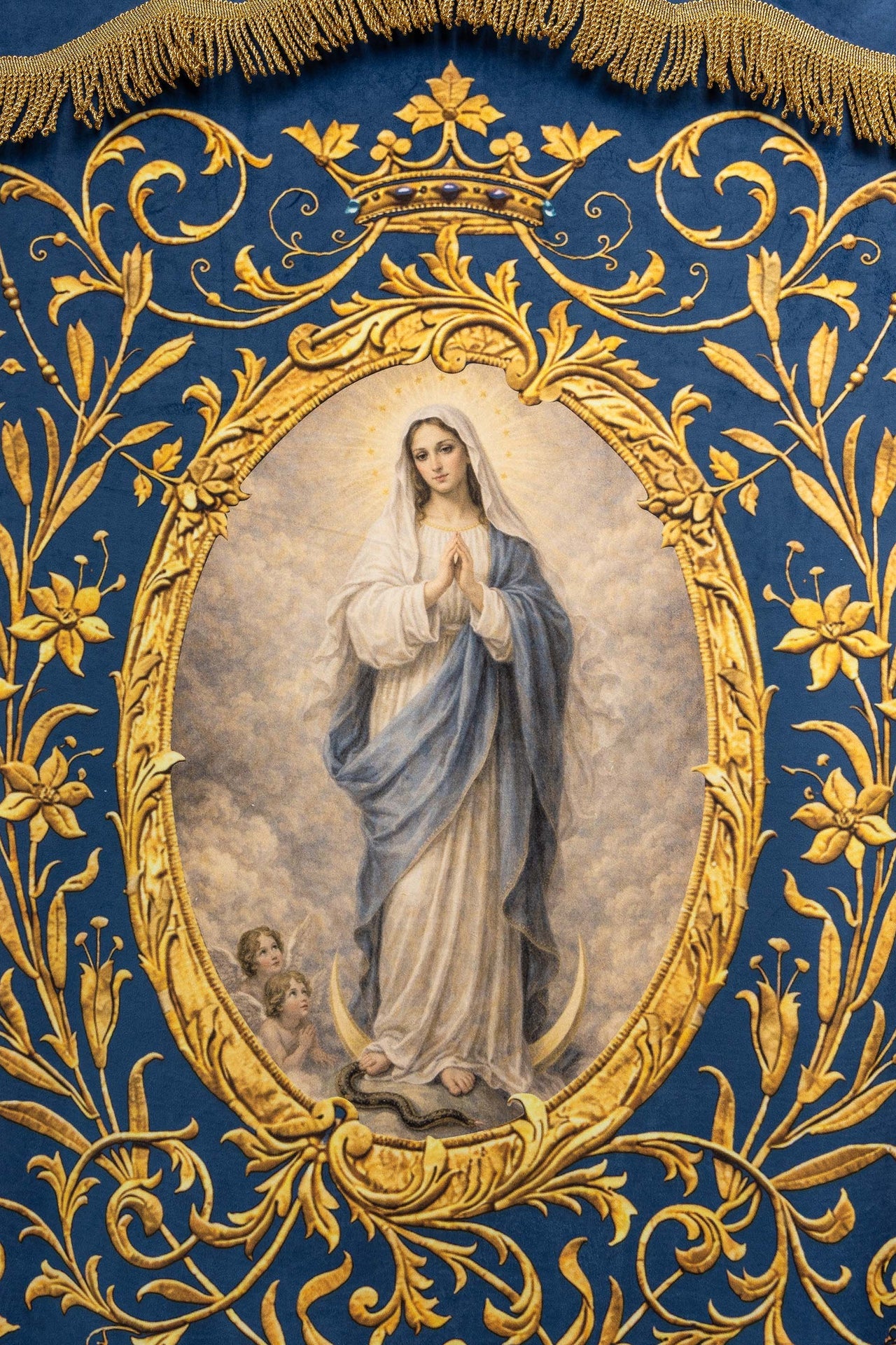 Double-Sided Printed Liturgical Banner with Our Lady of the Immaculate Conception and Marian Monogram