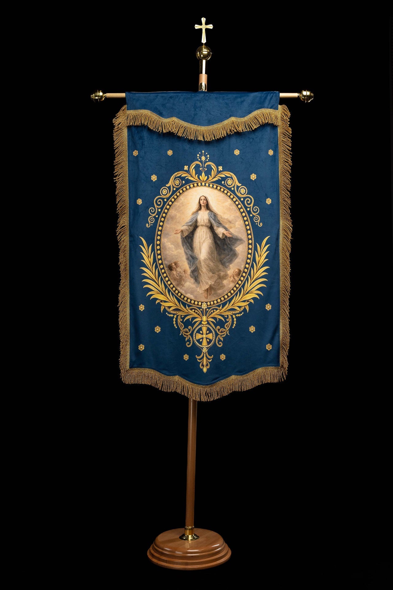 Double-Sided Printed Liturgical Banner with Our Lady of the Assumption and Marian Monogram