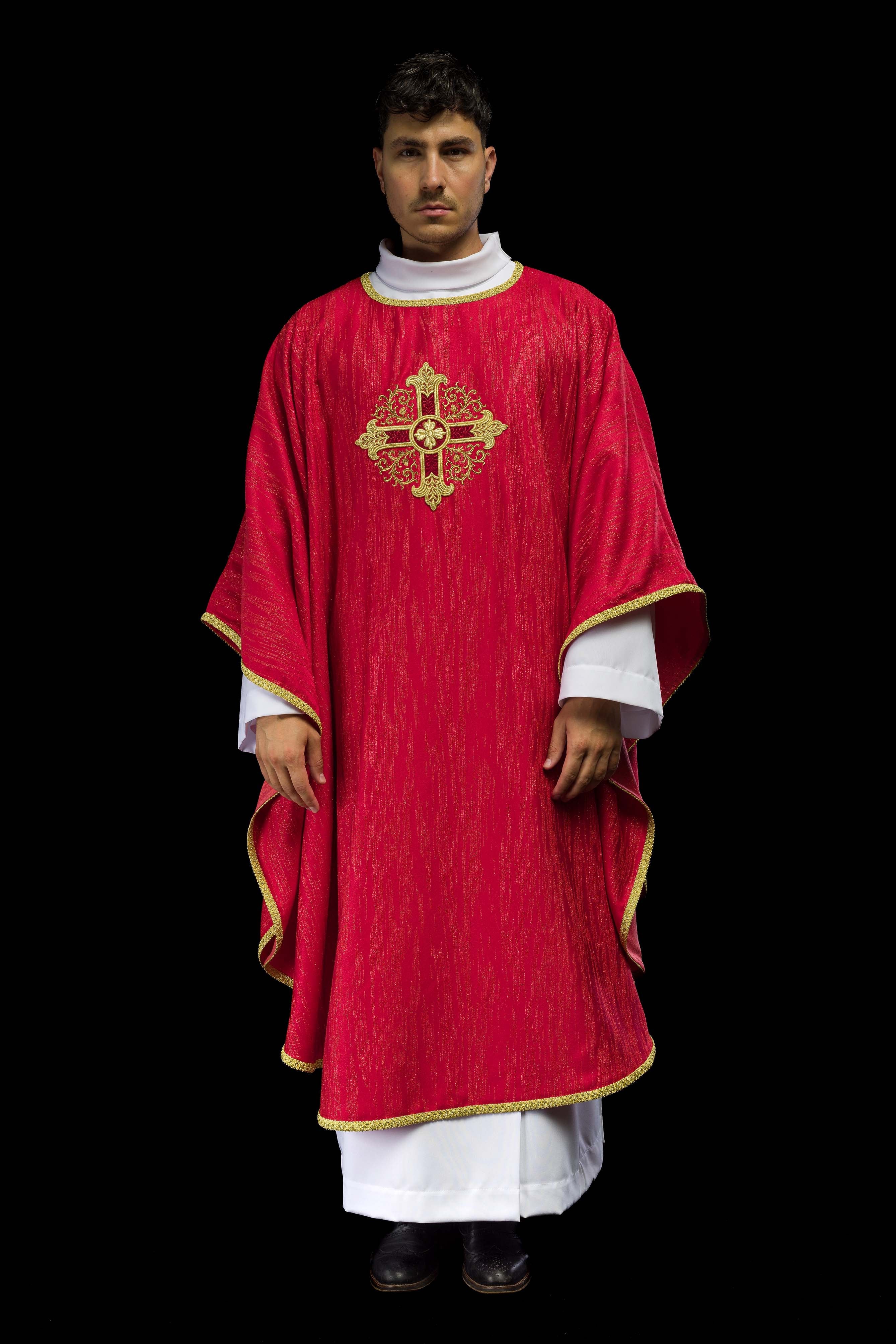 Red Liturgical Chasuble with Embroidered Cross on Decorative Fabric