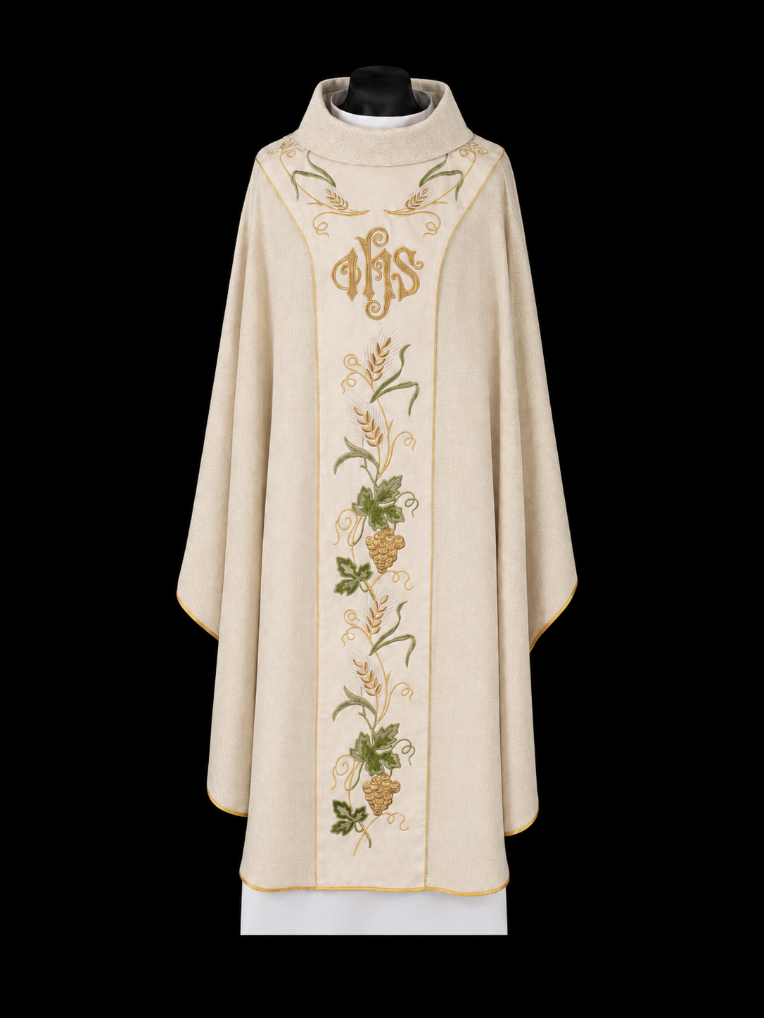 Chasuble with Ecru Velvet Band and IHS Embroidery