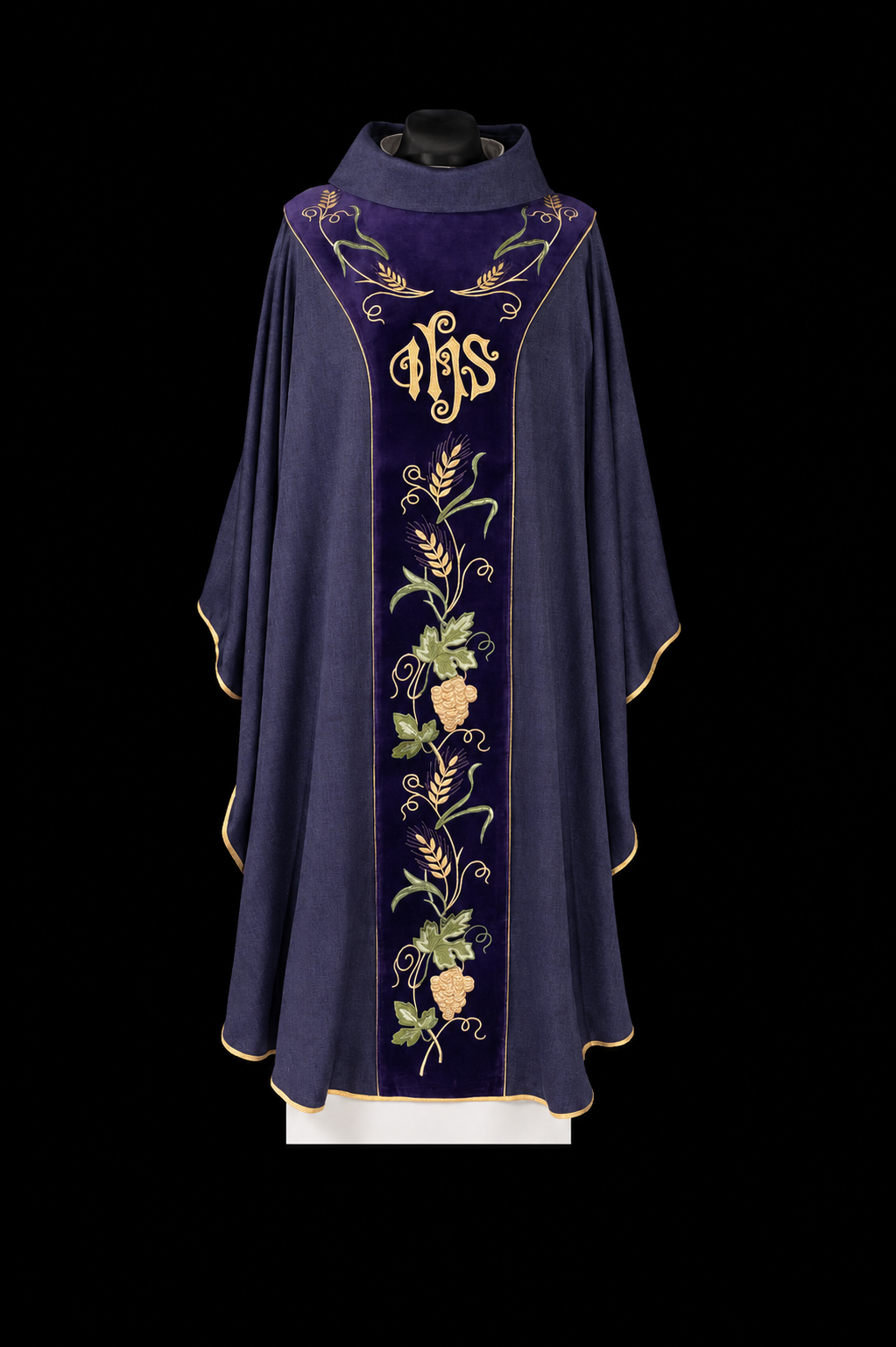 Chasuble with Purple Velvet Band and IHS Embroidery