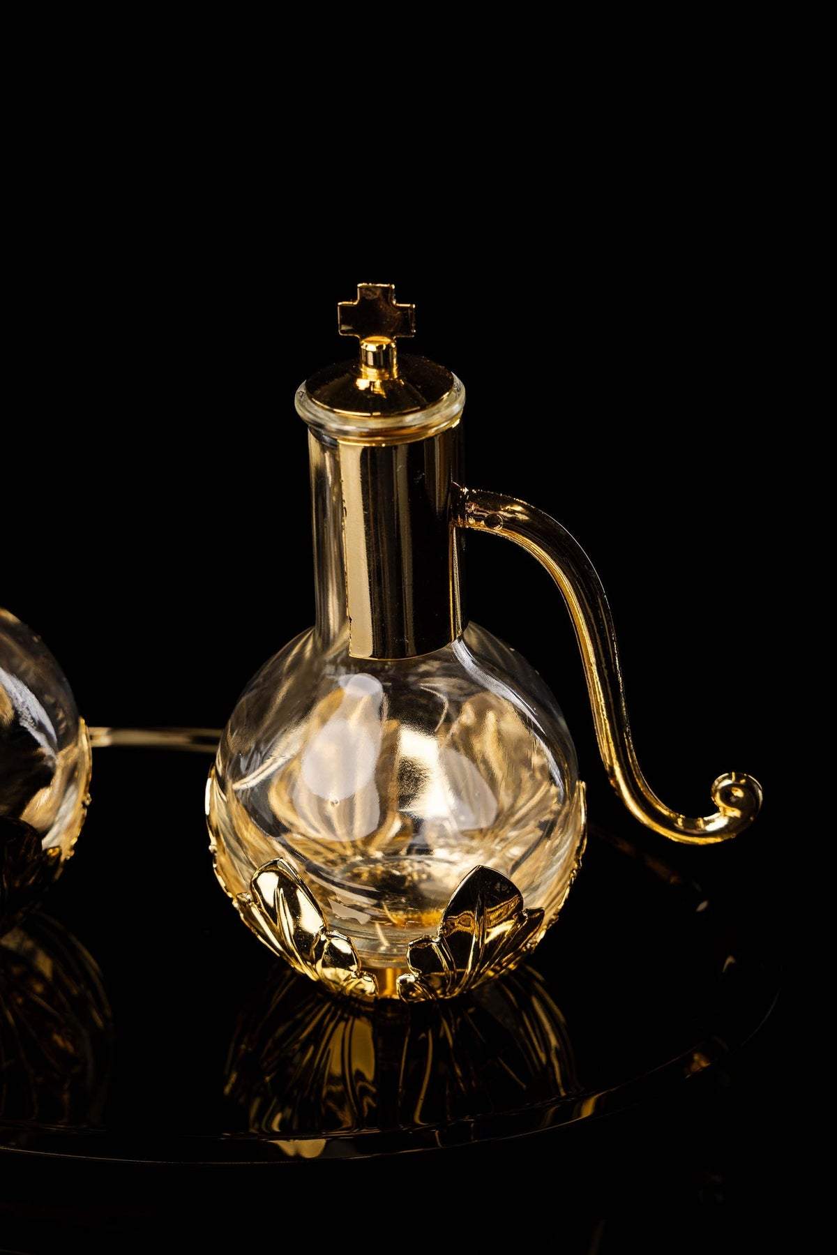 Liturgical Cruets for Wine and Water with Gold-Plated Brass Tray