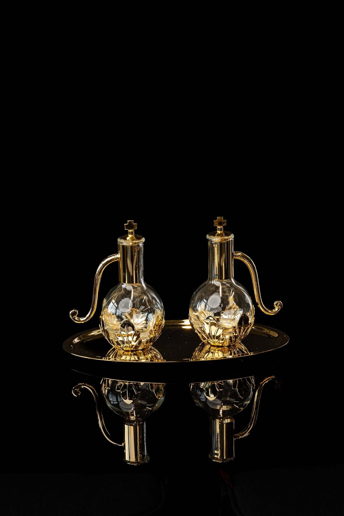 Liturgical Cruets for Wine and Water with Gold-Plated Brass Tray