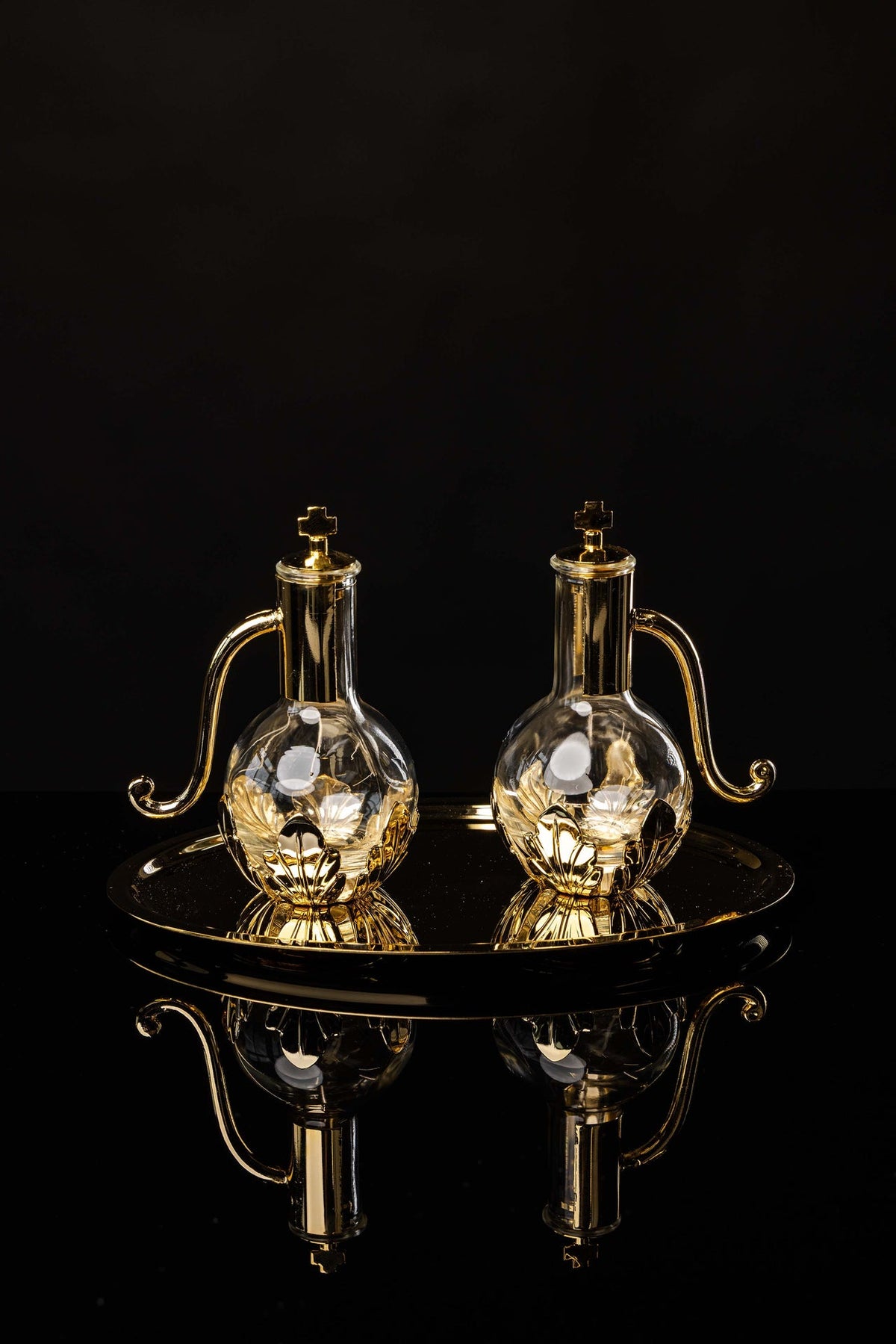 Liturgical Cruets for Wine and Water with Gold-Plated Brass Tray