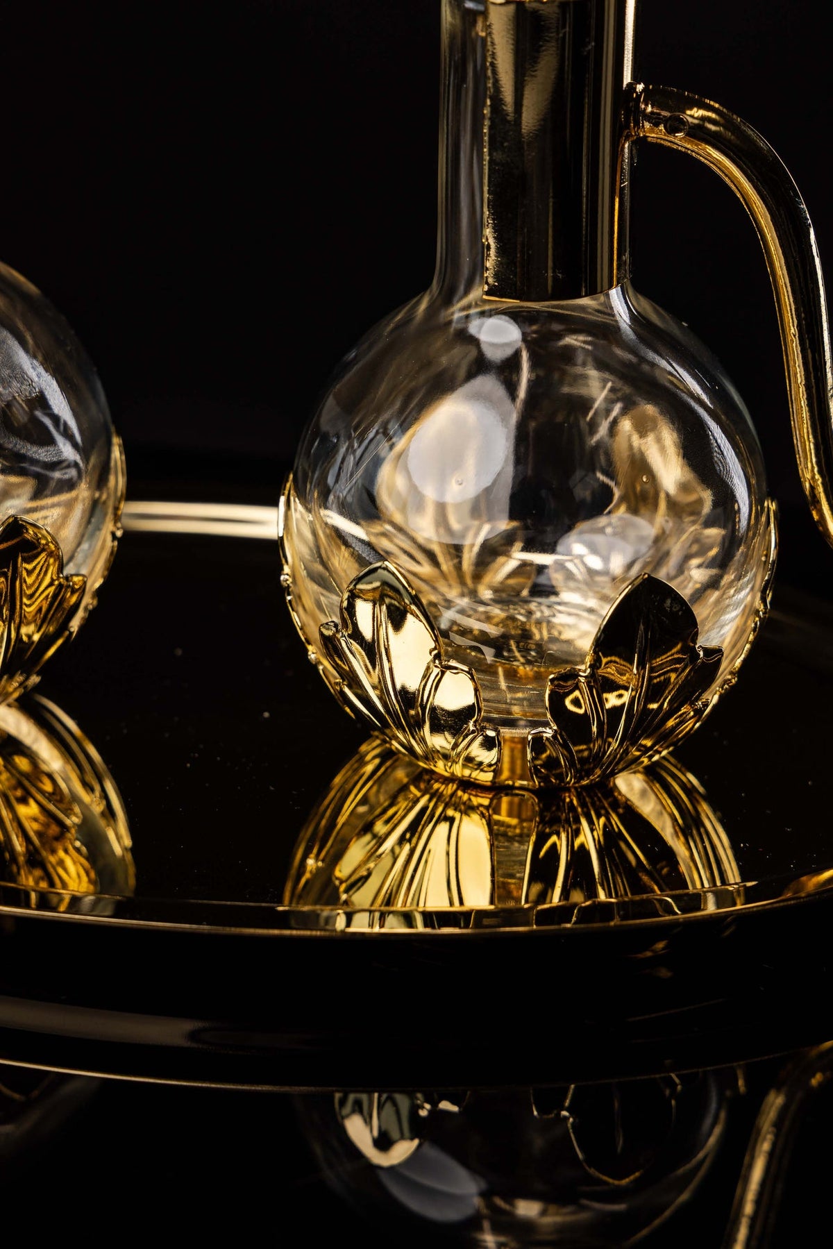 Liturgical Cruets for Wine and Water with Gold-Plated Brass Tray