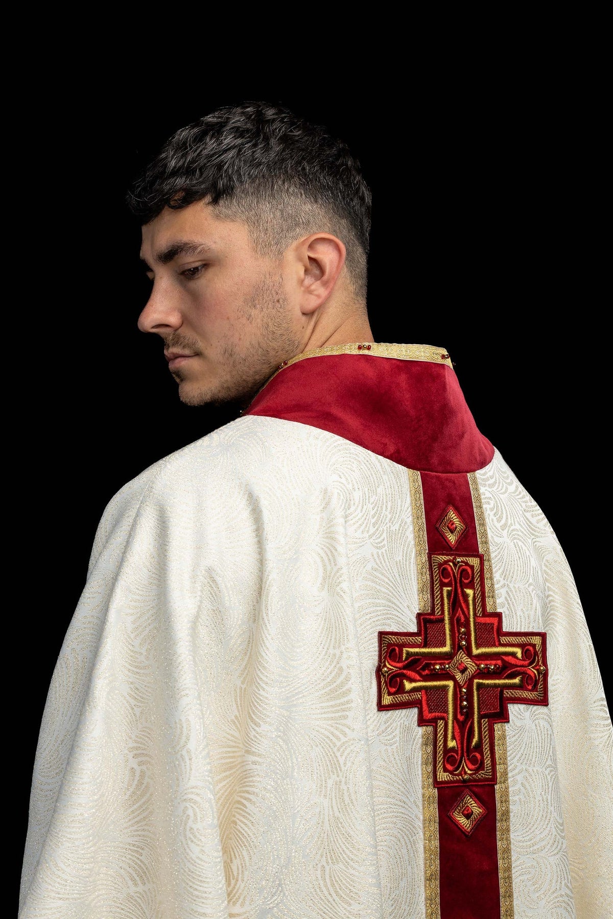 Ecru Chasuble with Natural Stones, Handmade 7012