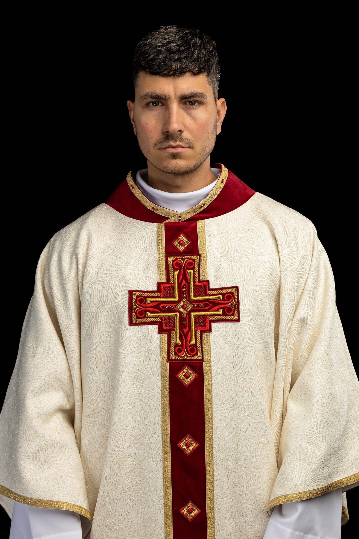 Ecru Chasuble with Natural Stones, Handmade 7012