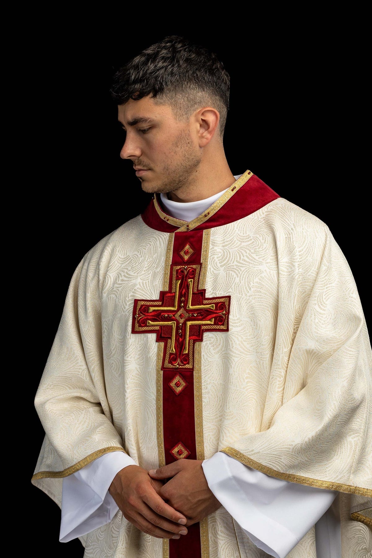 Ecru Chasuble with Natural Stones, Handmade 7012