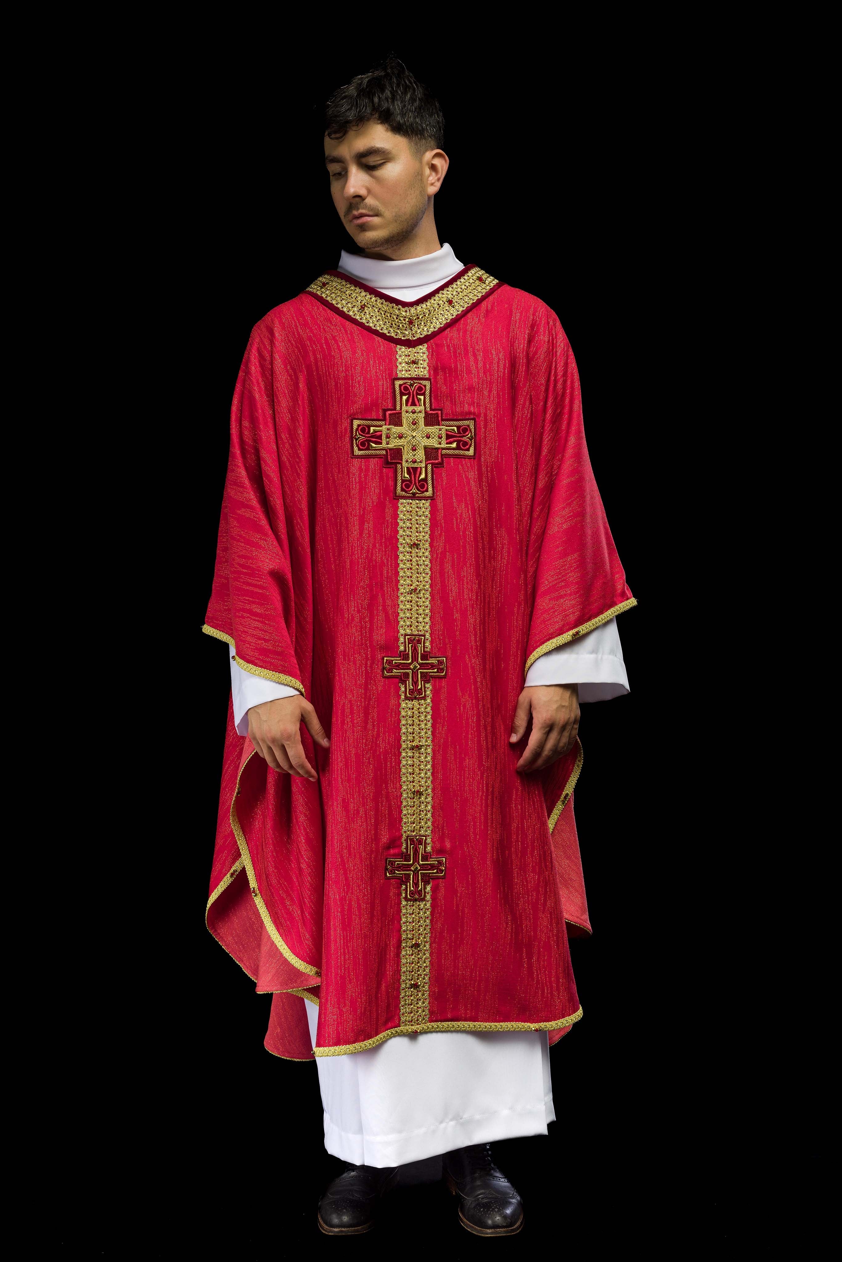 Handmade chasuble with natural stones Handmade 7015 Red - CHASUBLES.COM