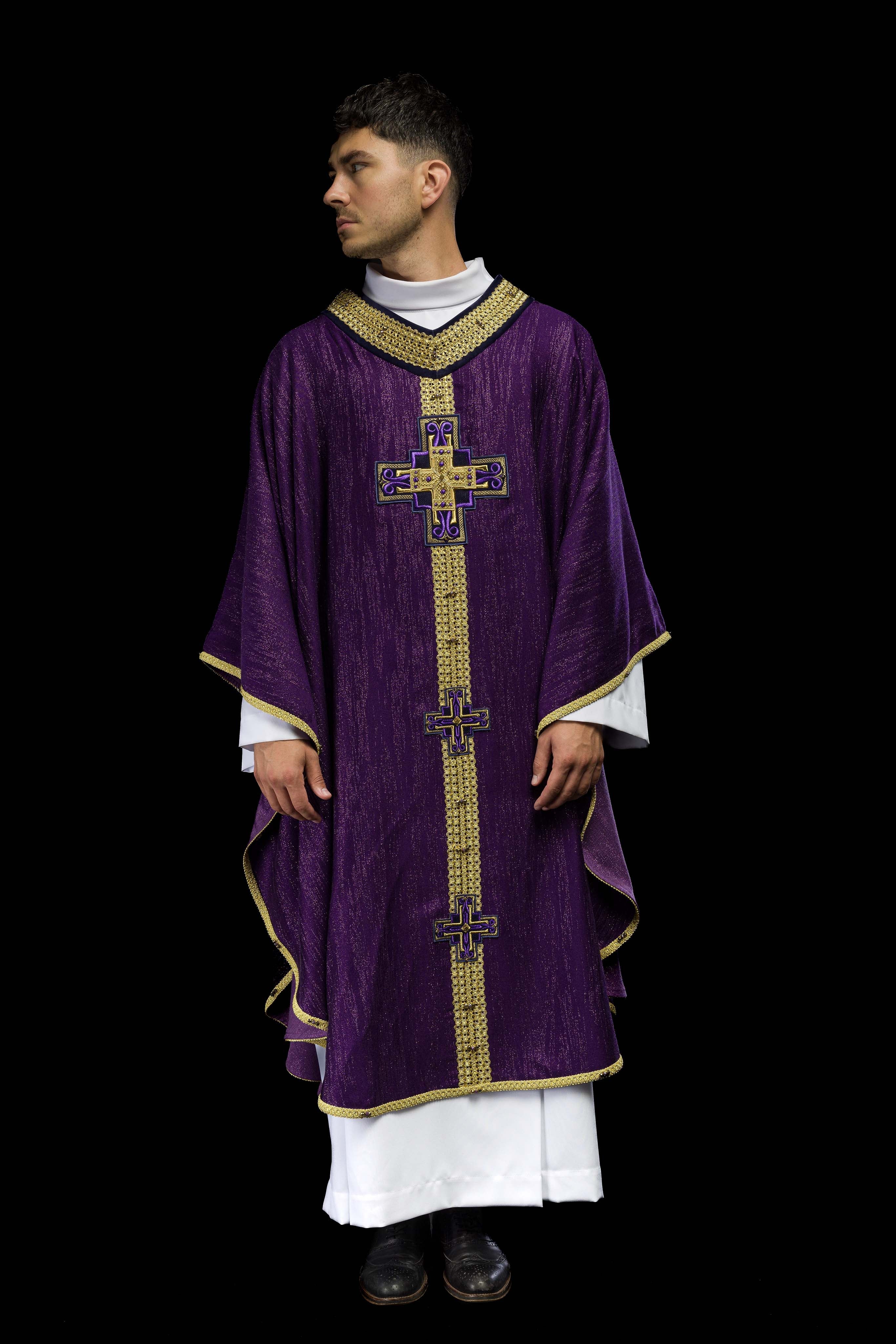 Handmade chasuble with natural stones Handmade 7015 Purple - CHASUBLES.COM