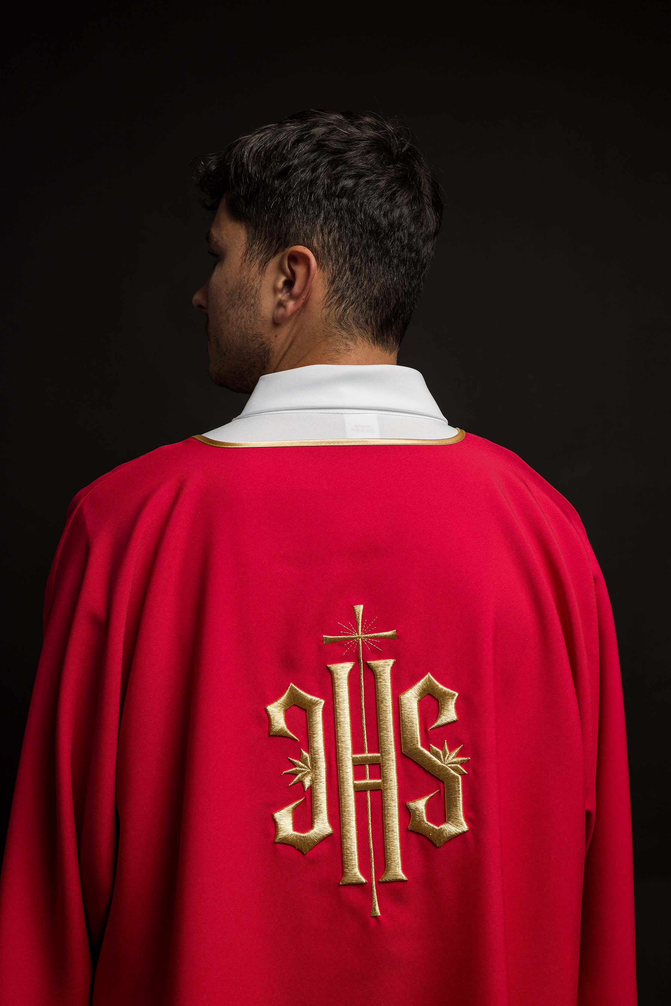 Red Dalmatic with Embroidered Gold IHS