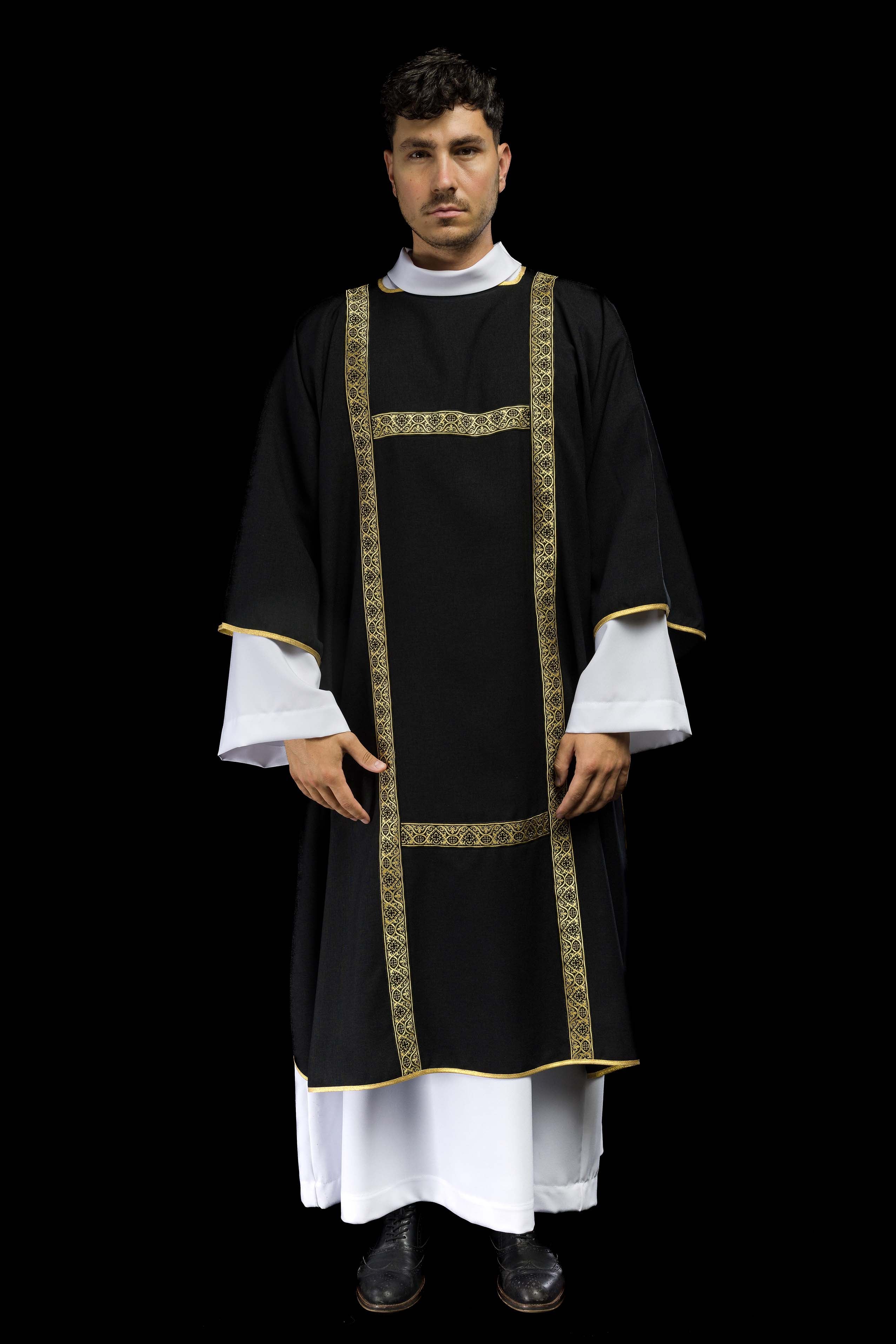 Black dalmatic decorated with gold jacquard ribbons - CHASUBLES.COM