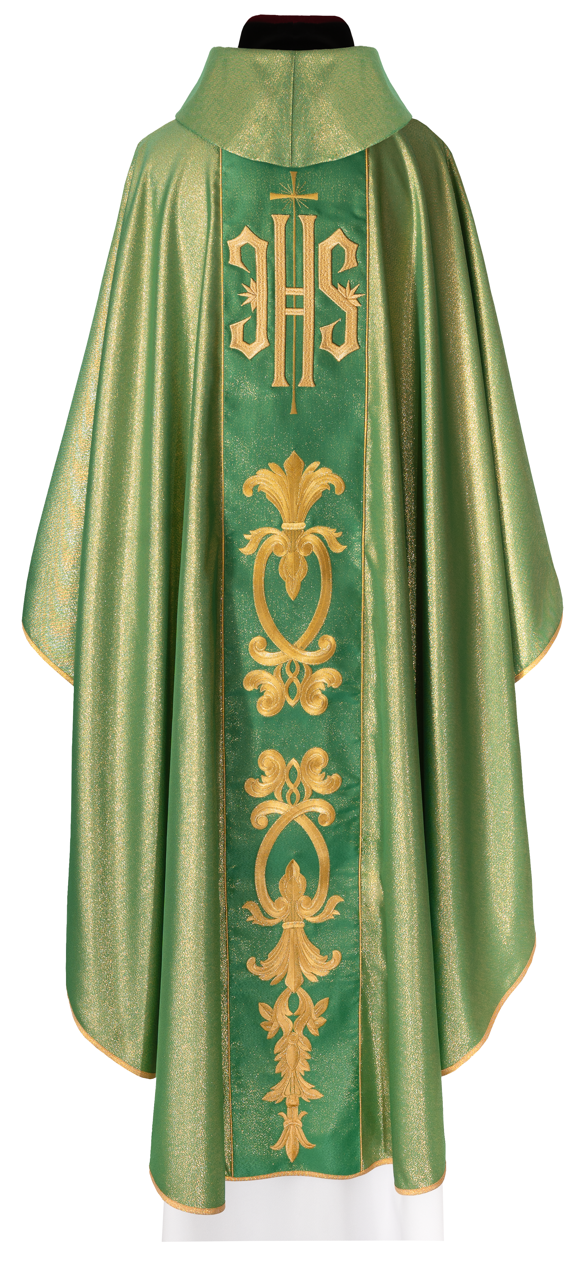 Richly decorated green chasuble with golden motifs and a wide IHS band - CHASUBLES.COM
