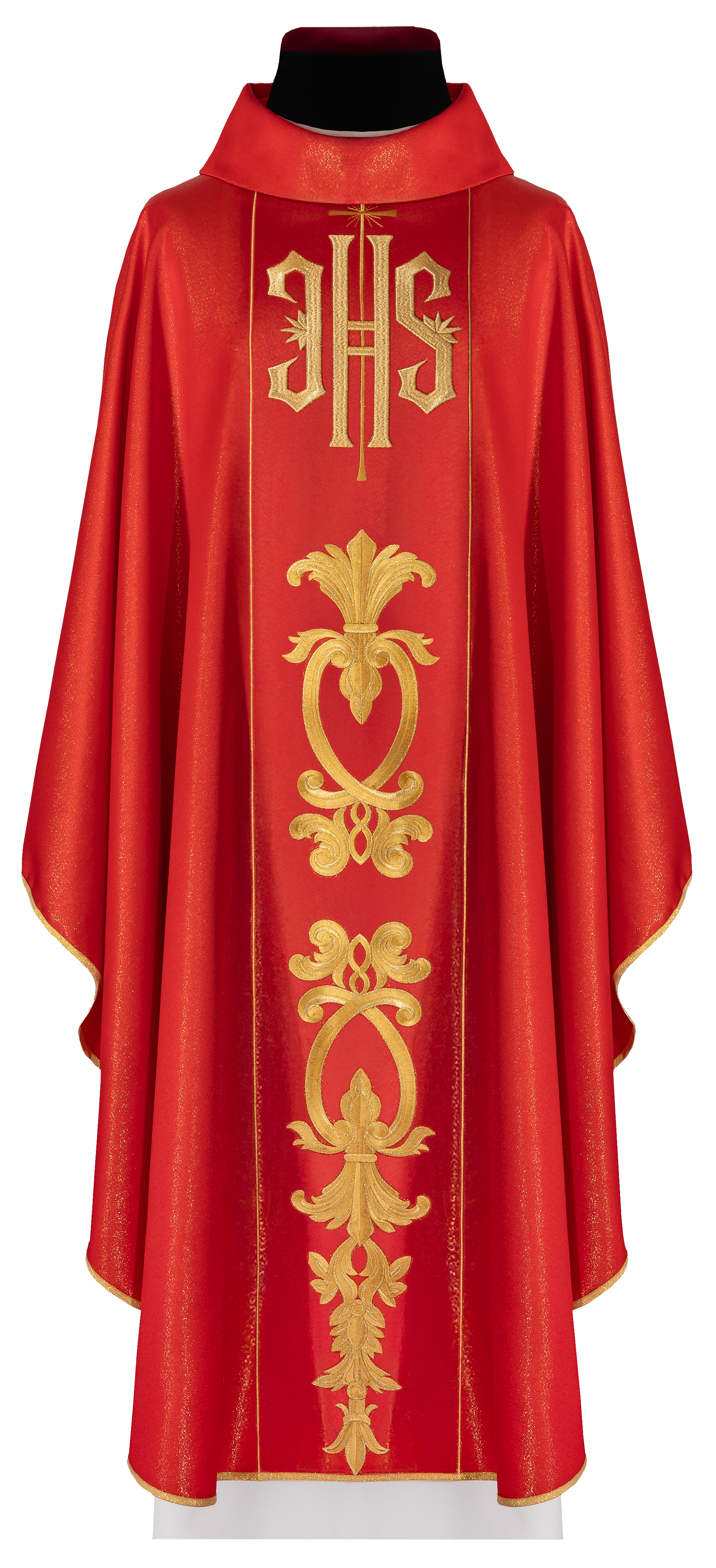 Richly decorated red chasuble with golden motifs and a wide IHS band - CHASUBLES.COM