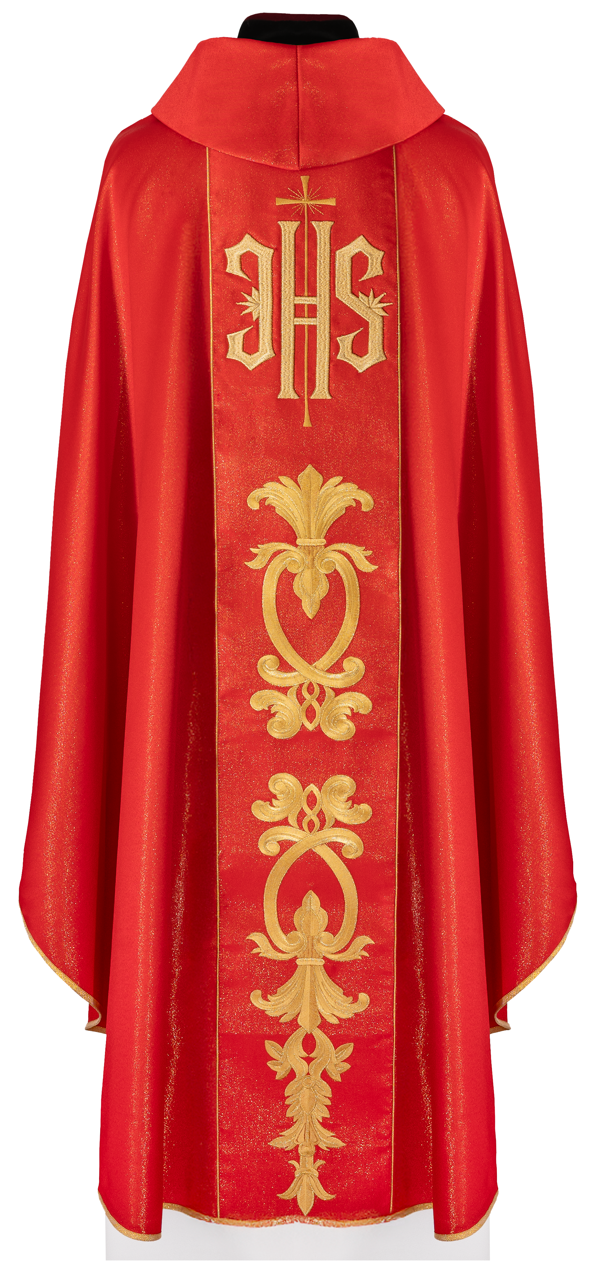 Richly decorated red chasuble with golden motifs and a wide IHS band - CHASUBLES.COM