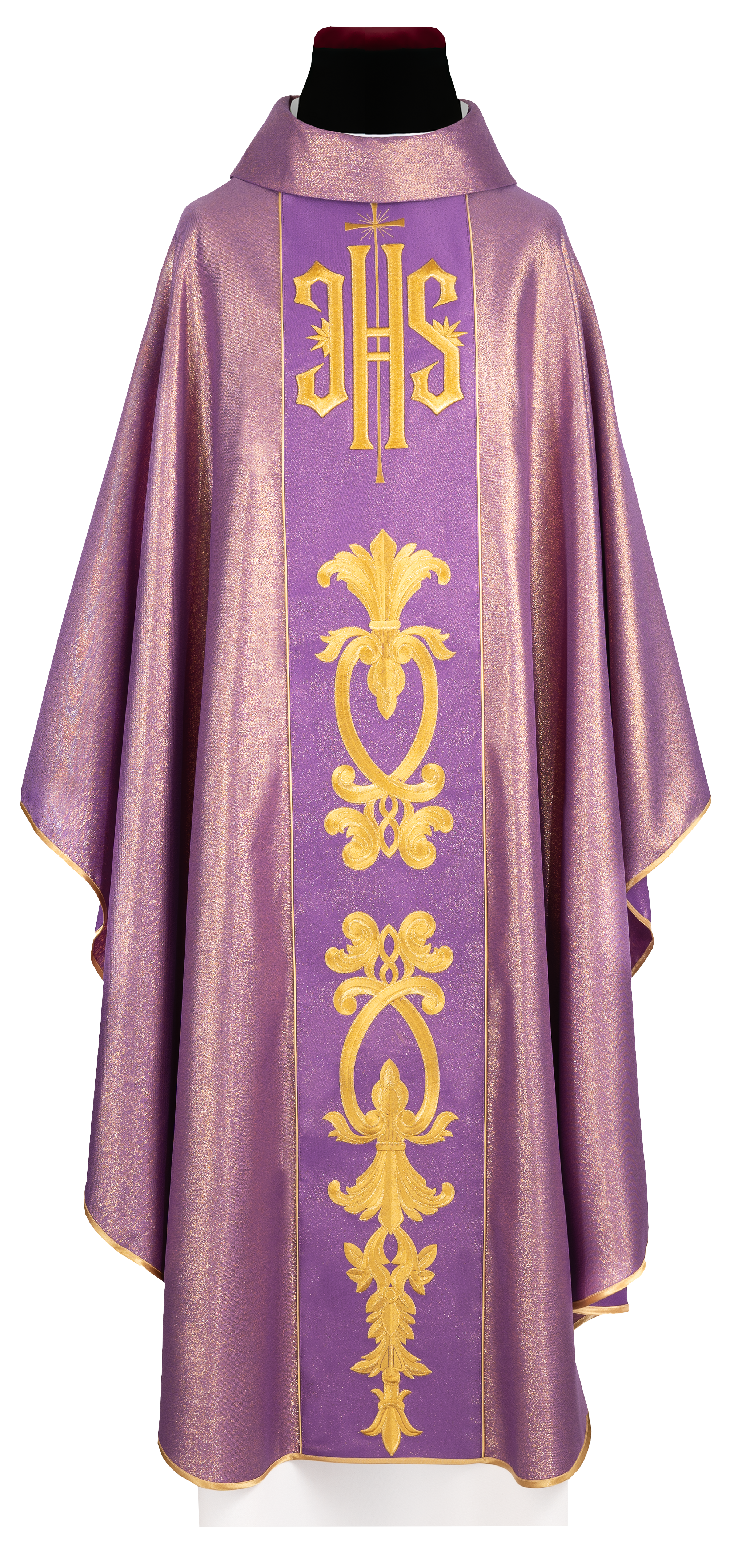 Richly decorated purple chasuble with golden motifs and a wide IHS band