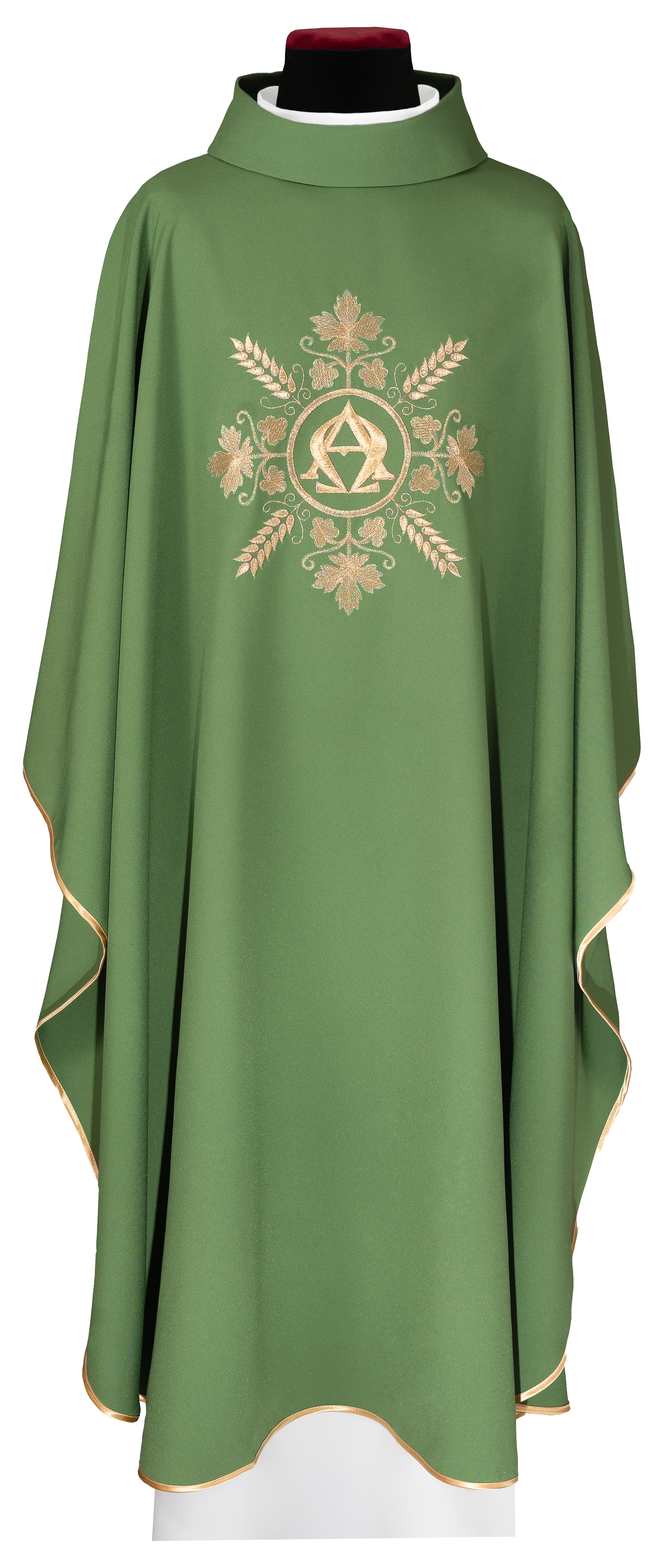 Embroidered green chasuble with Alpha and Omega symbols and wheat motifs - CHASUBLES.COM