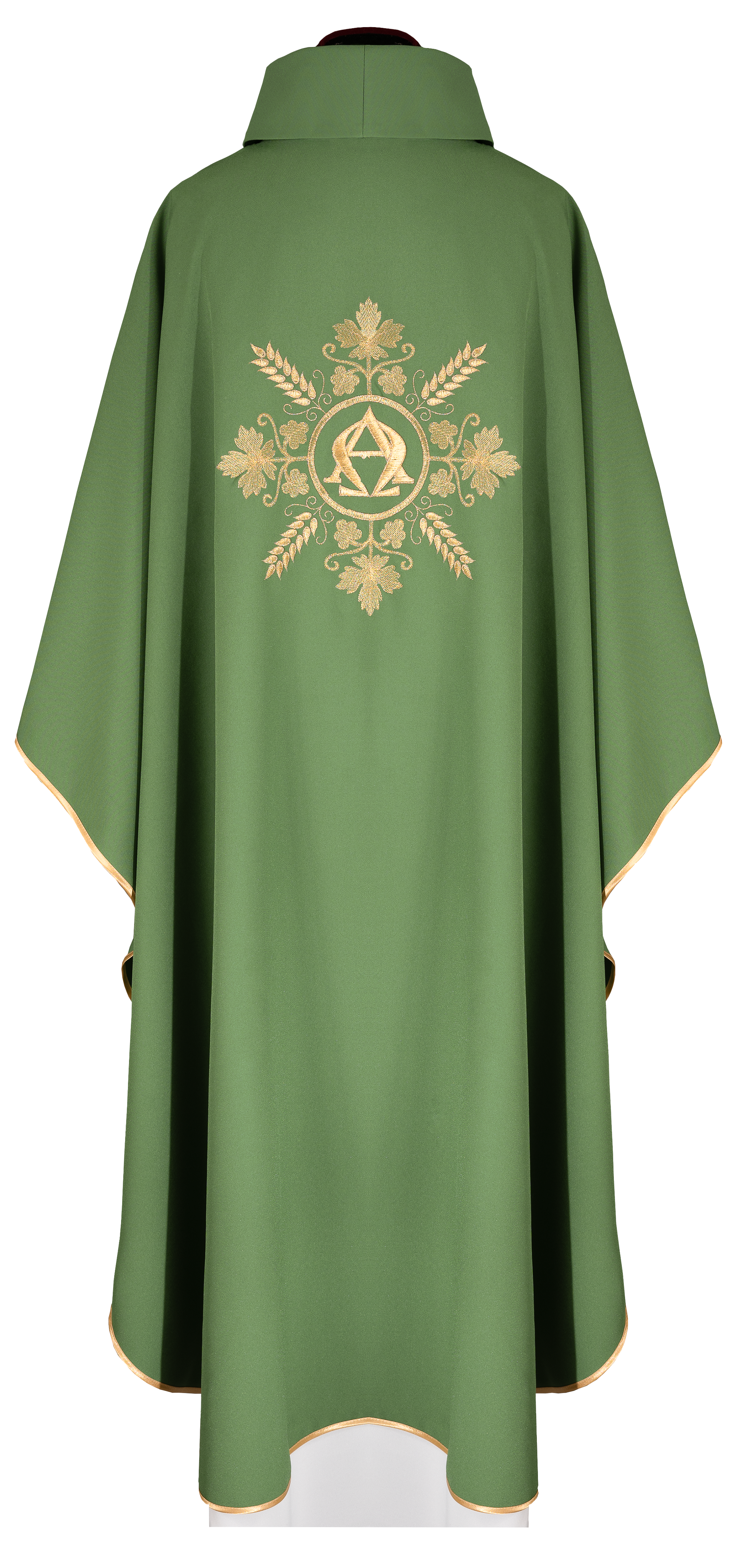 Embroidered green chasuble with Alpha and Omega symbols and wheat motifs - CHASUBLES.COM