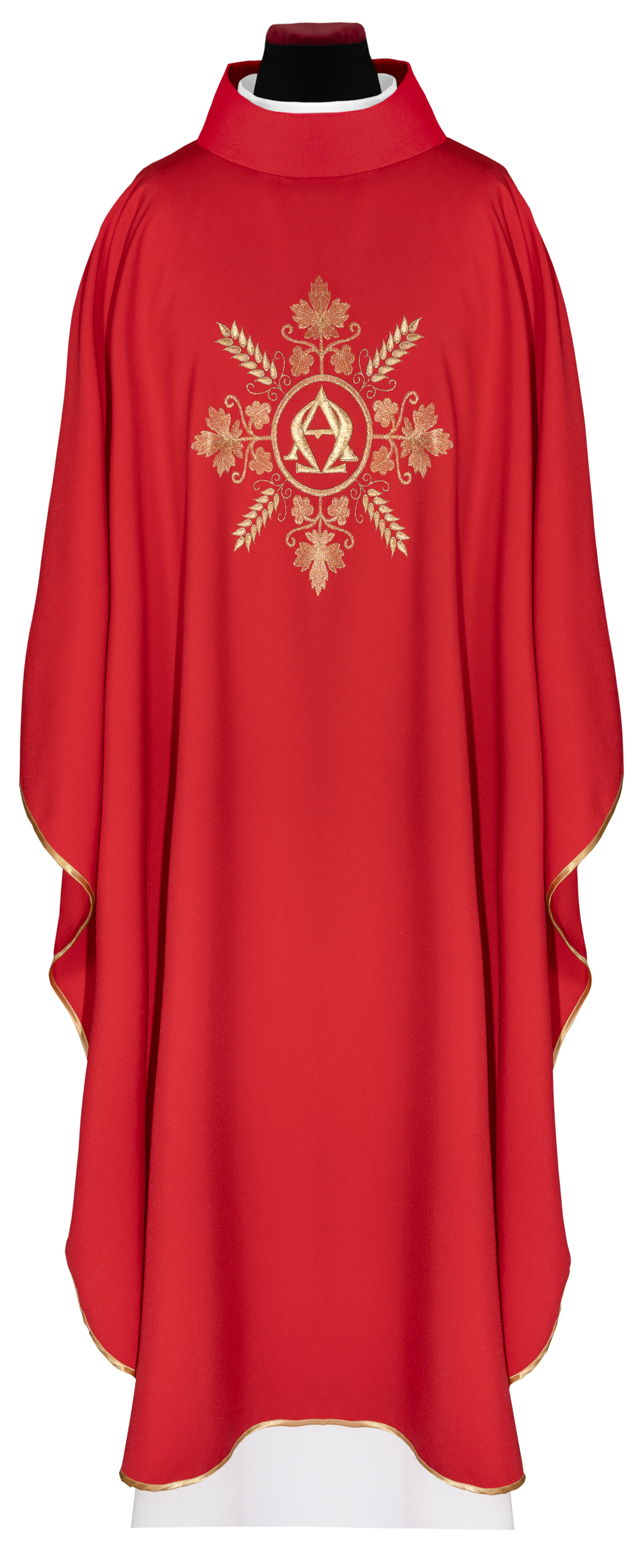 Embroidered red chasuble with Alpha and Omega symbols and wheat motifs - CHASUBLES.COM