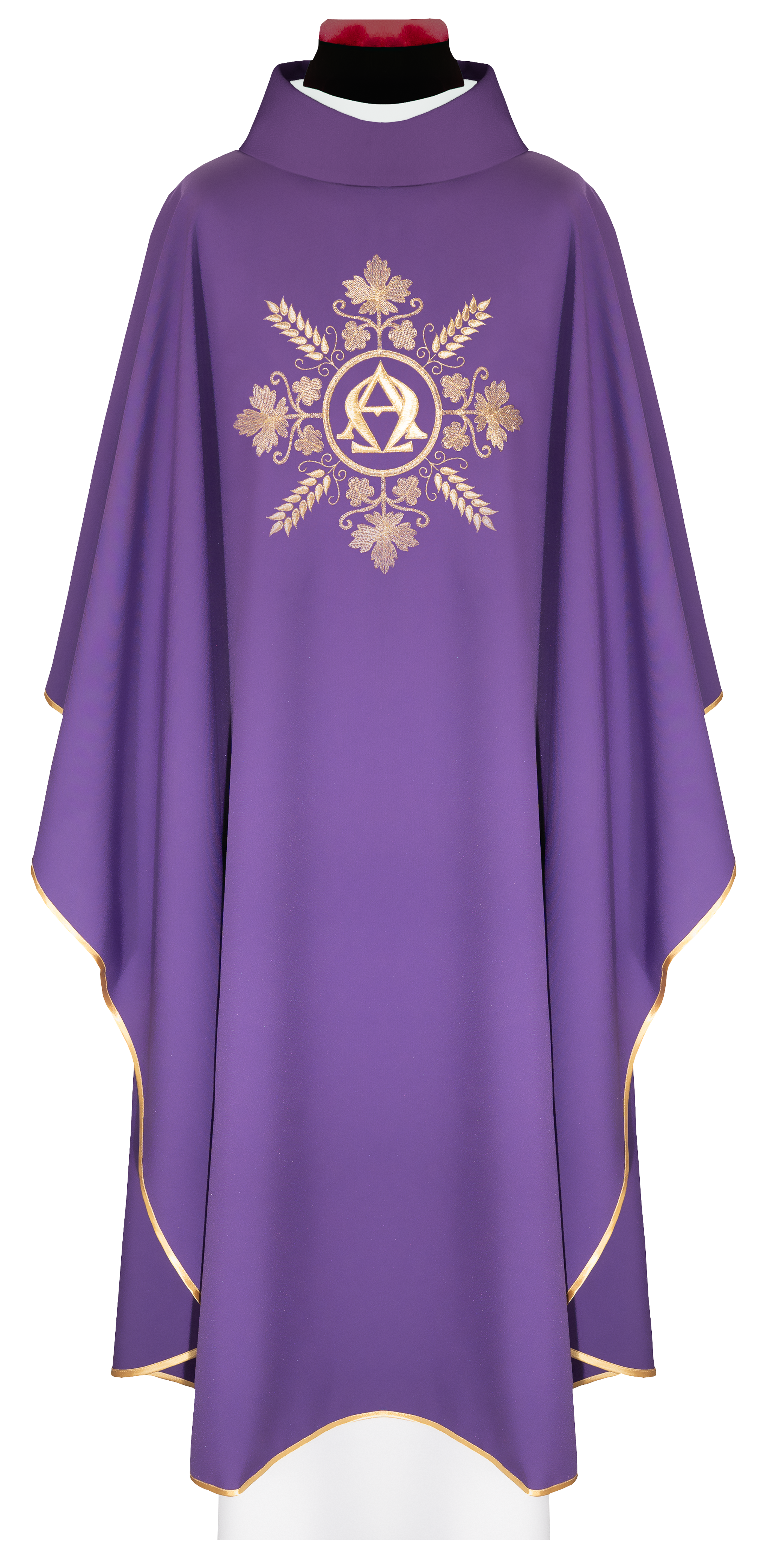 Embroidered purple chasuble with Alpha and Omega symbols and wheat motifs - CHASUBLES.COM