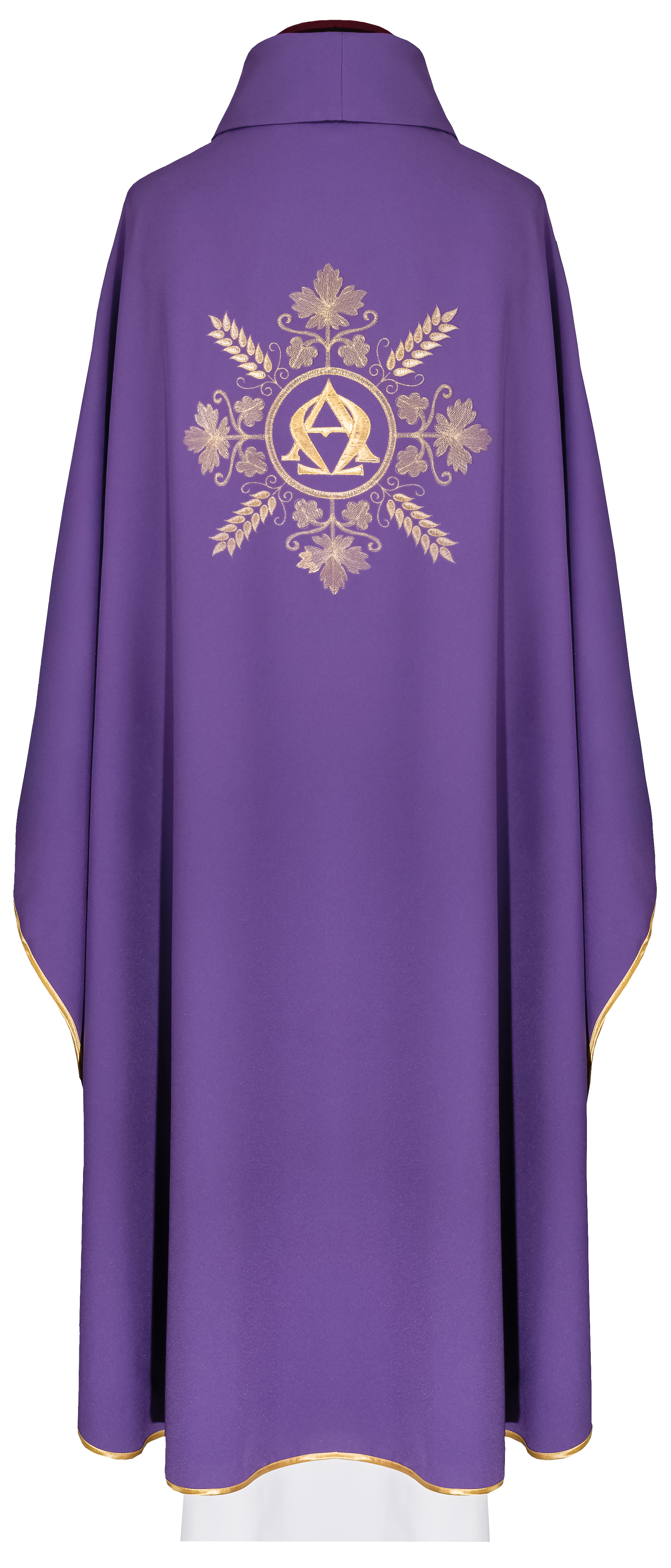Embroidered purple chasuble with Alpha and Omega symbols and wheat motifs - CHASUBLES.COM