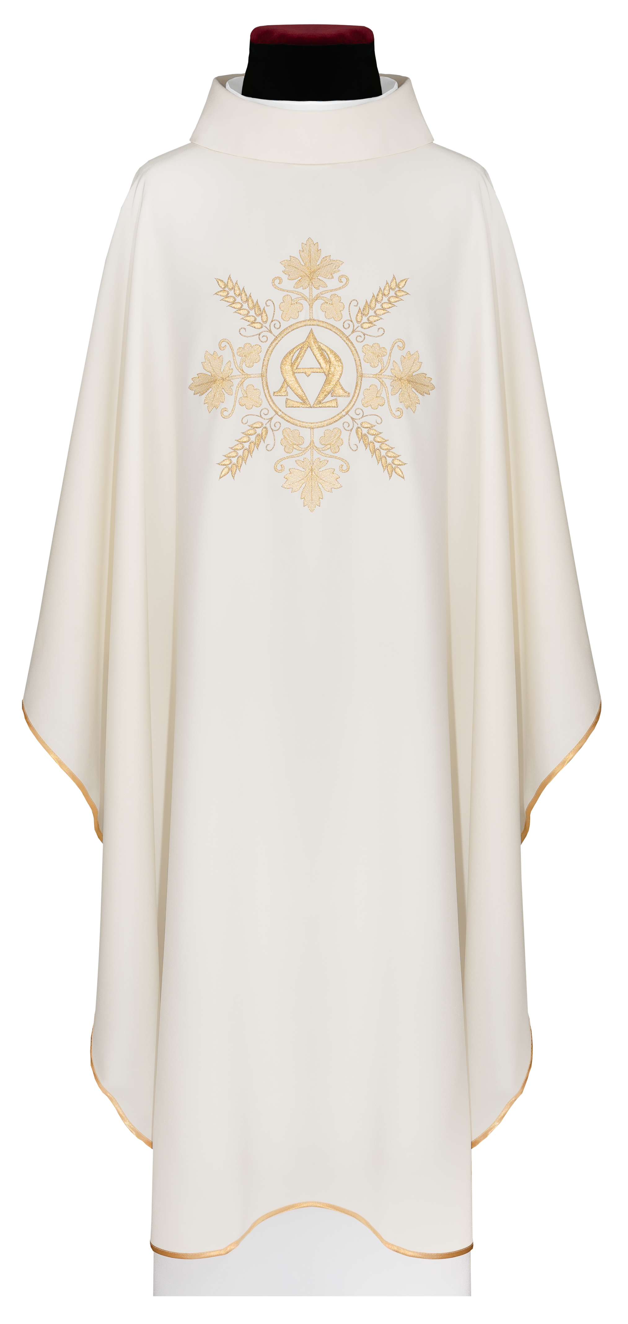Embroidered ecru chasuble with Alpha and Omega symbols and wheat motifs - CHASUBLES.COM