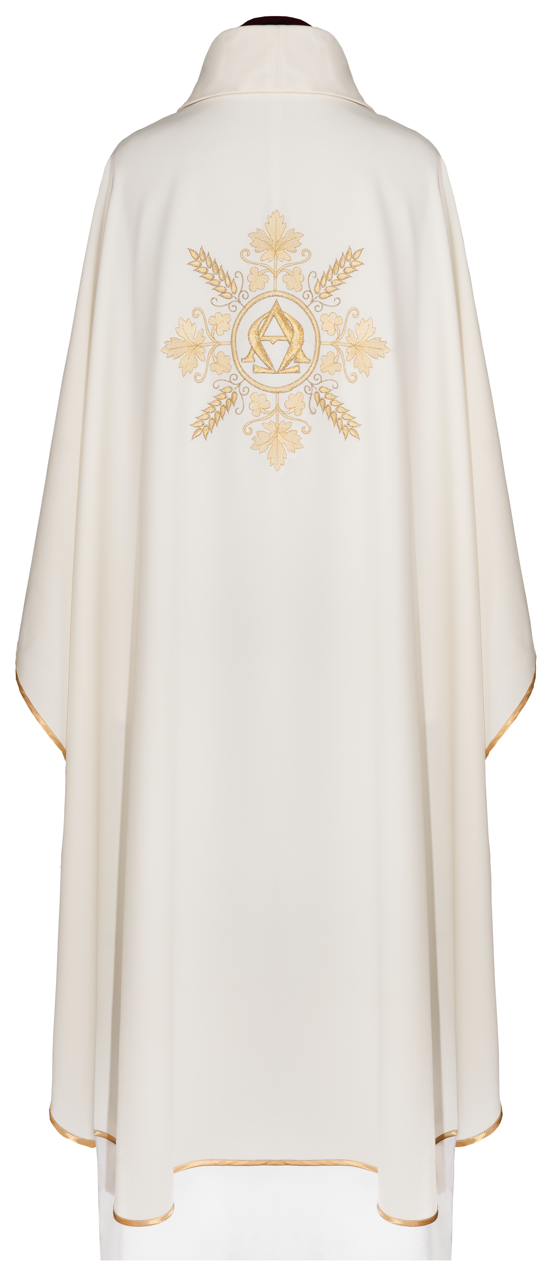 Embroidered ecru chasuble with Alpha and Omega symbols and wheat motifs - CHASUBLES.COM