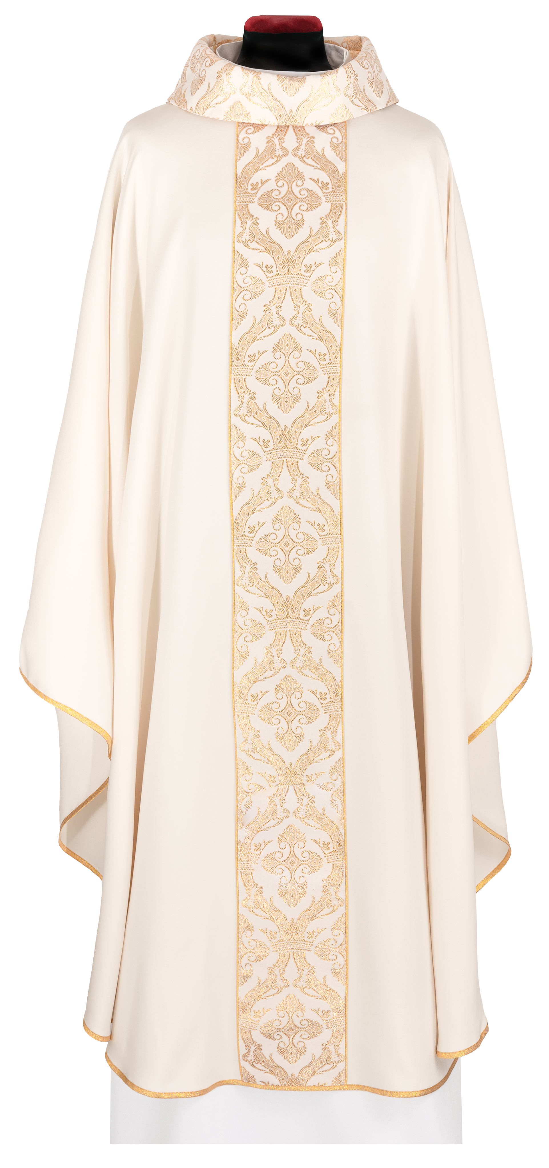 Liturgical chasuble with an embroidered band and collar in ecru color - CHASUBLES.COM