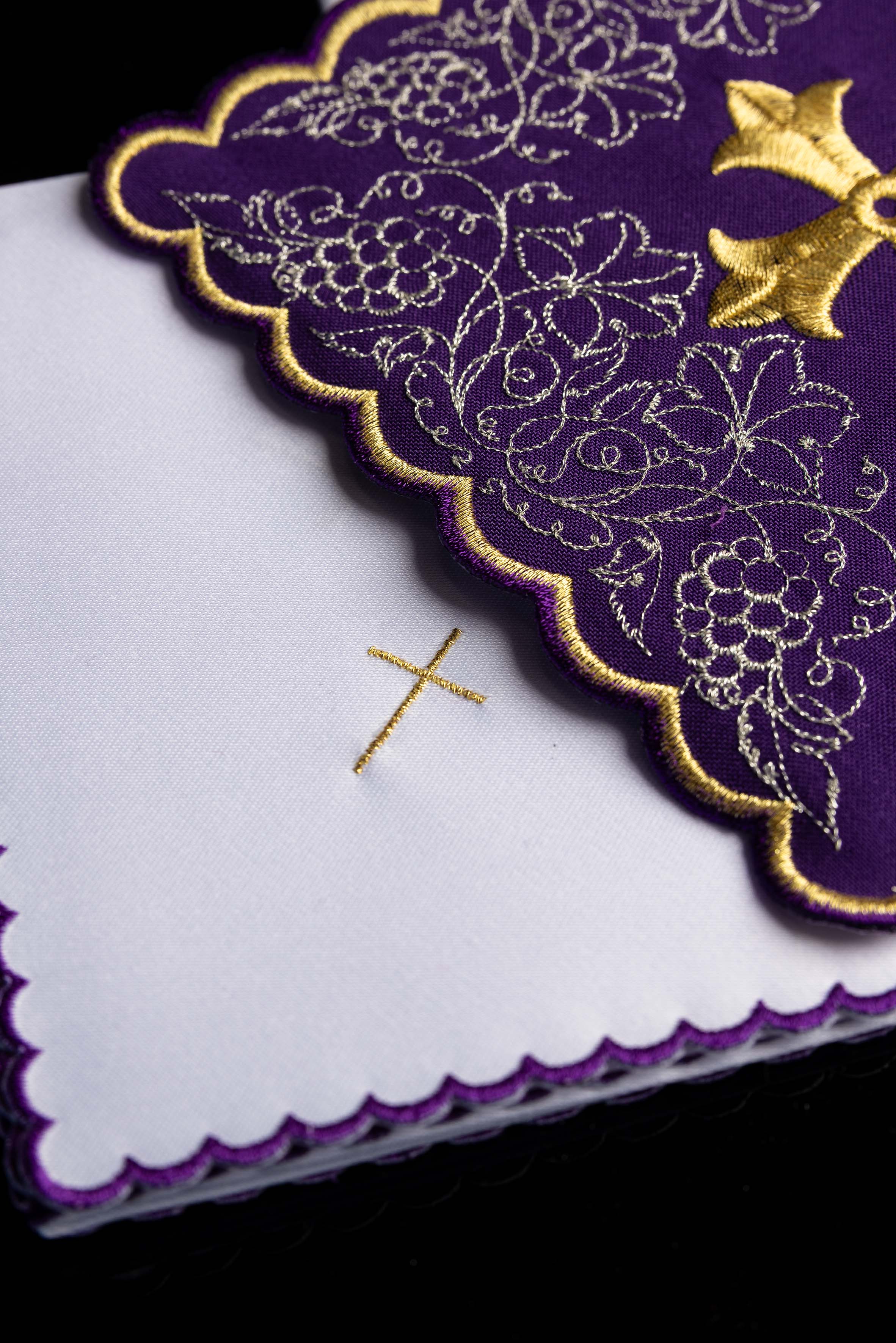 Embroidered chalice linens set with a purple cross motif