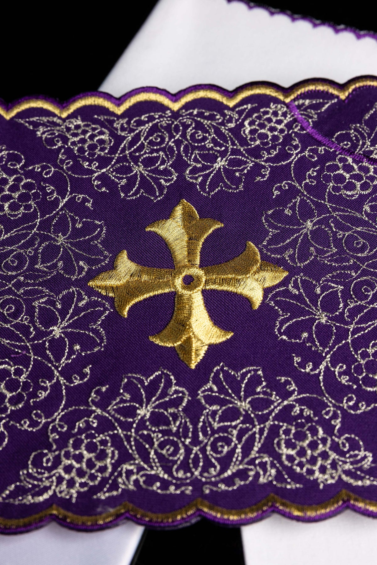 Embroidered chalice linens set with a purple cross motif