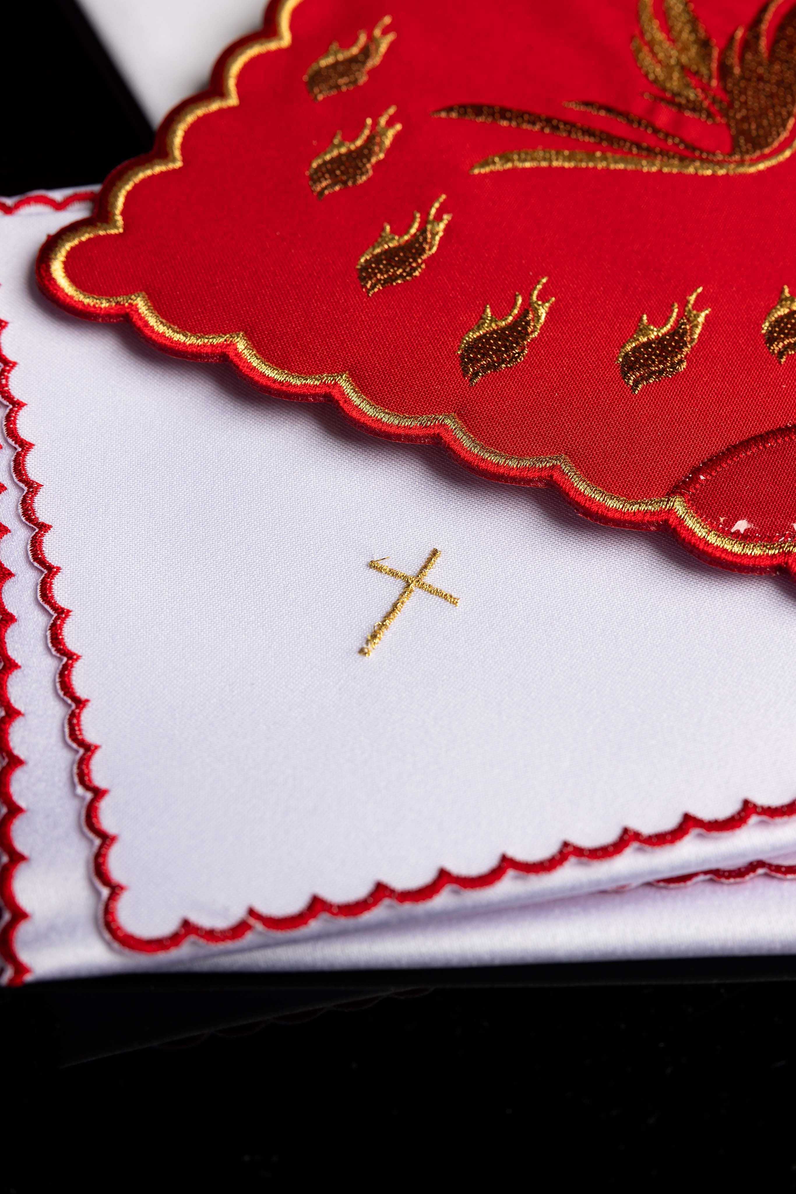 Red chalice linens set with the embroidered Holy Spirit