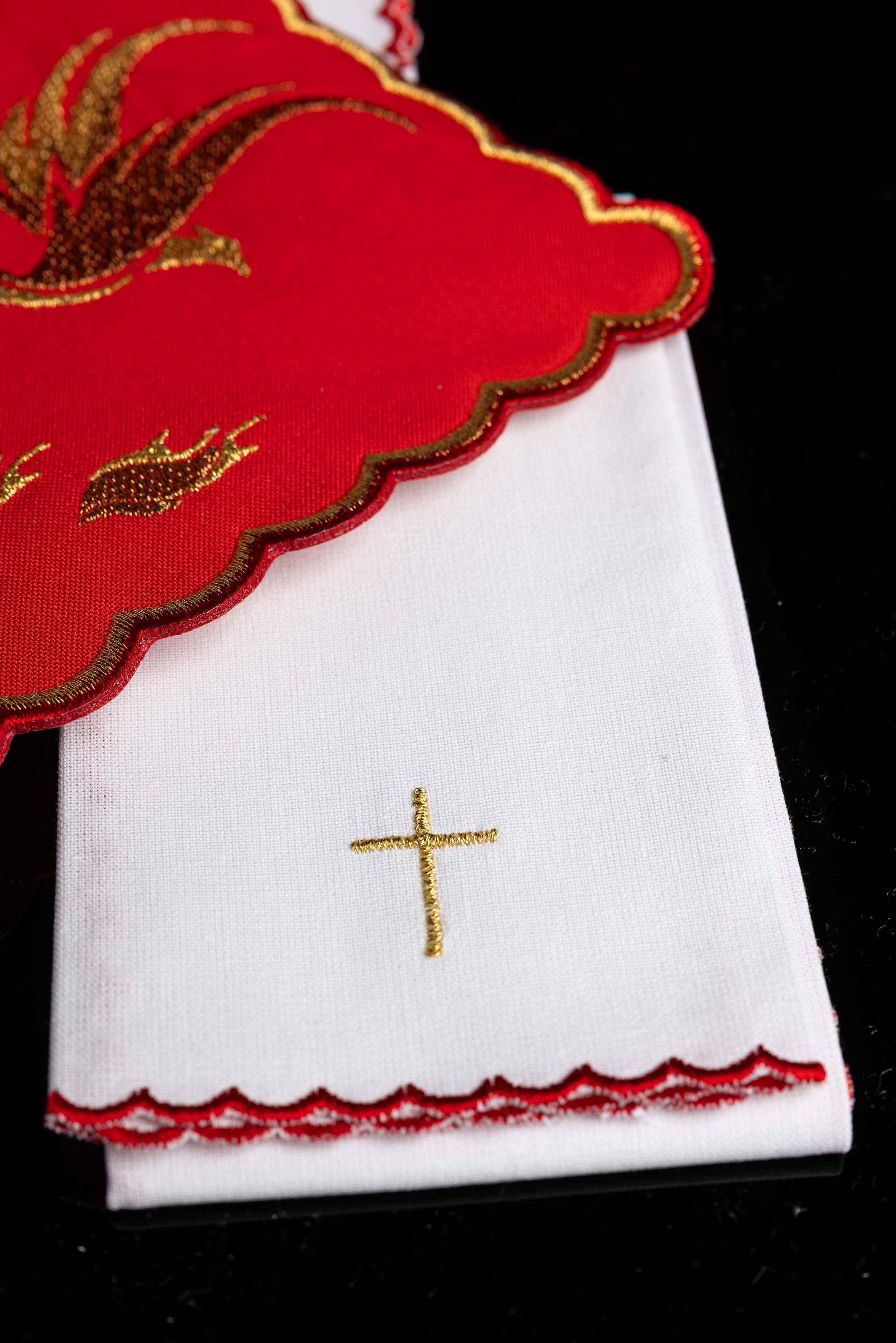 Red chalice linens set with the embroidered Holy Spirit