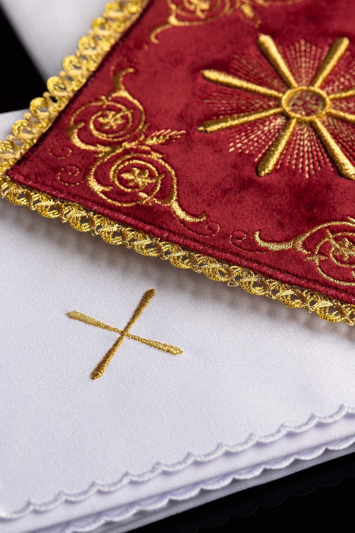 Red velvet embroidered chalice linens set