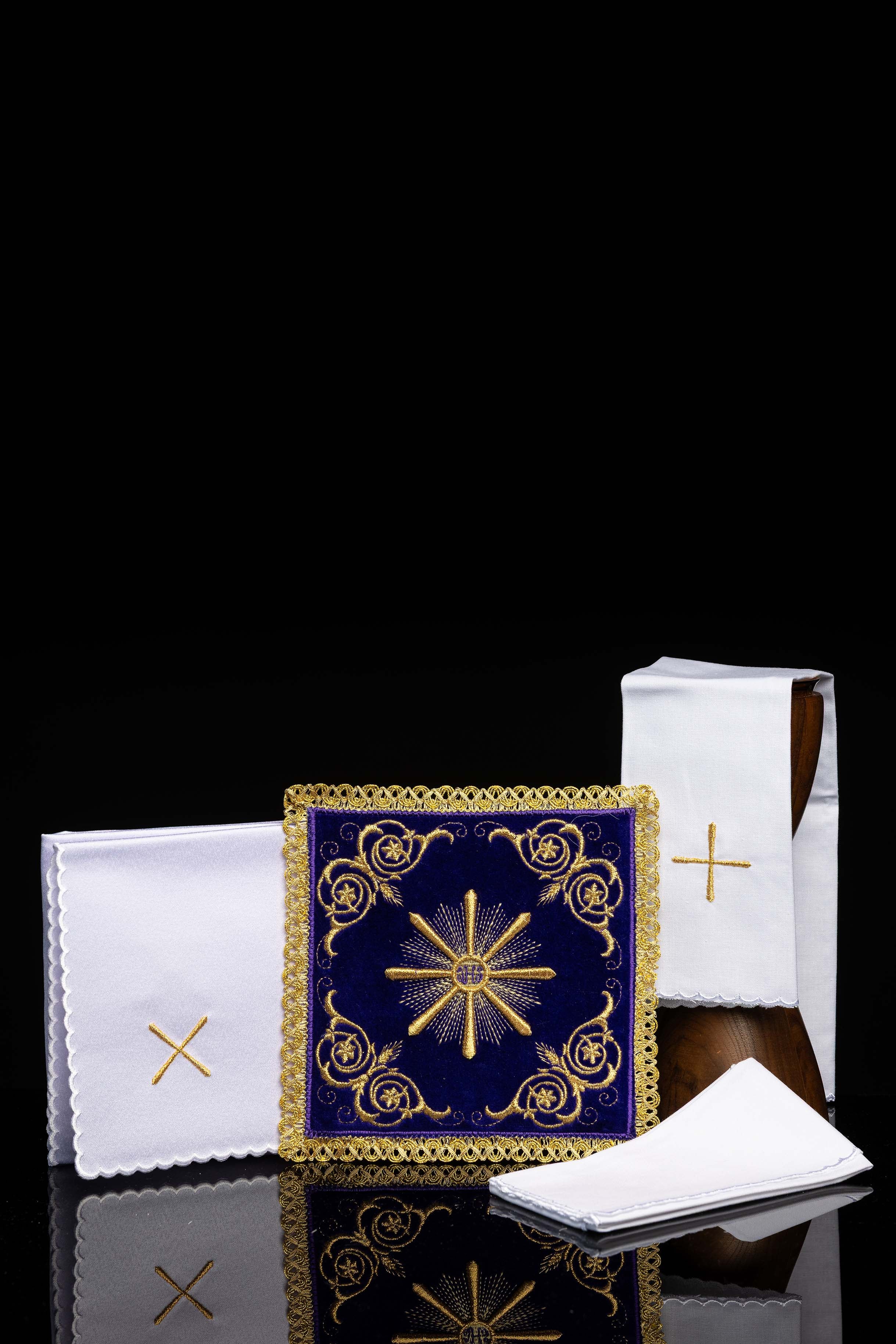 Purple velvet embroidered chalice linens set