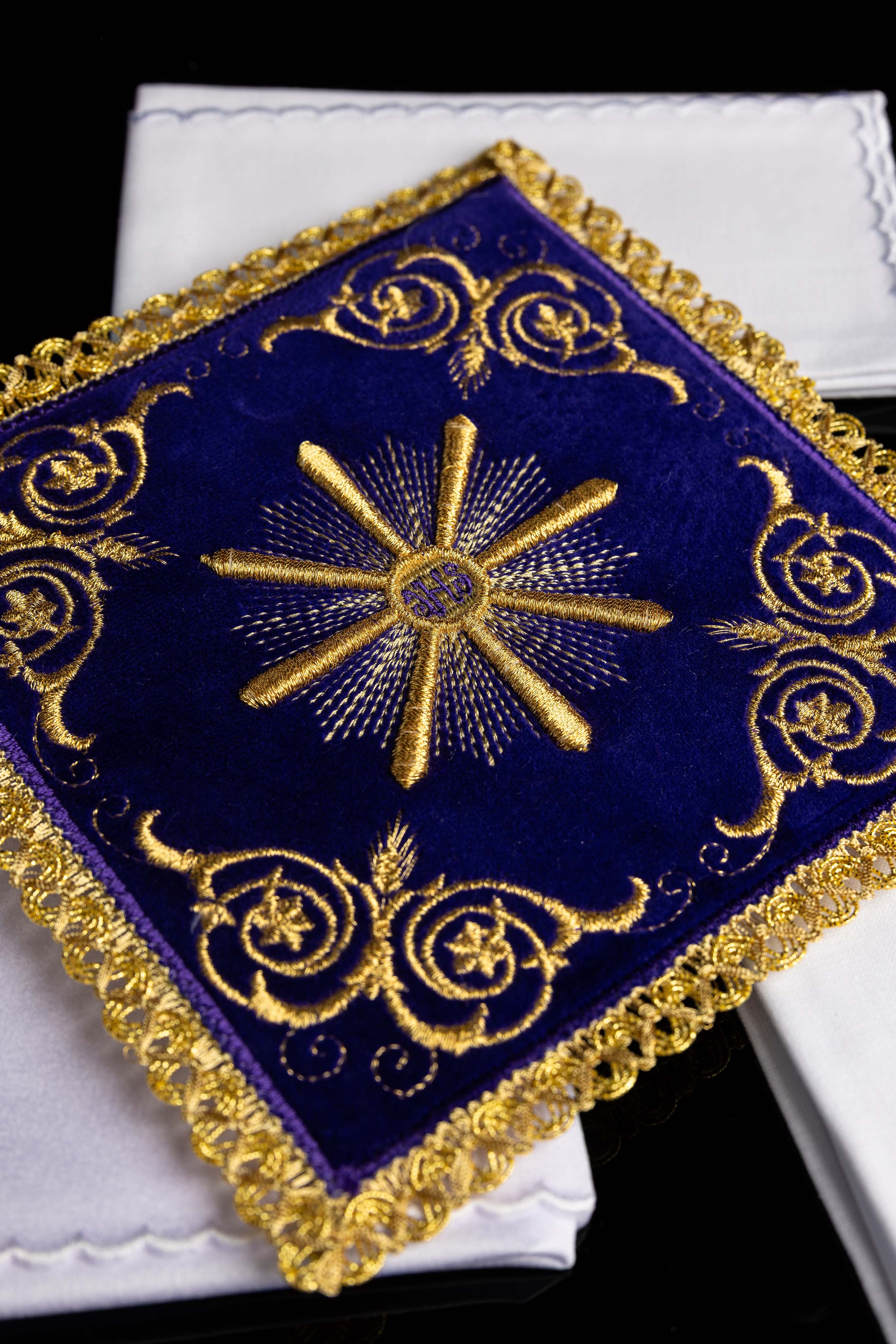 Purple velvet embroidered chalice linens set