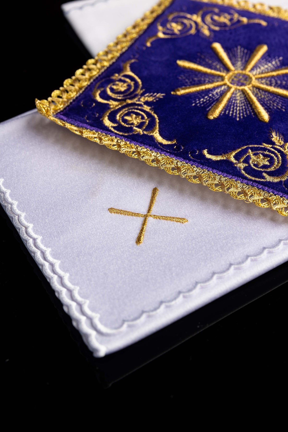 Purple velvet embroidered chalice linens set