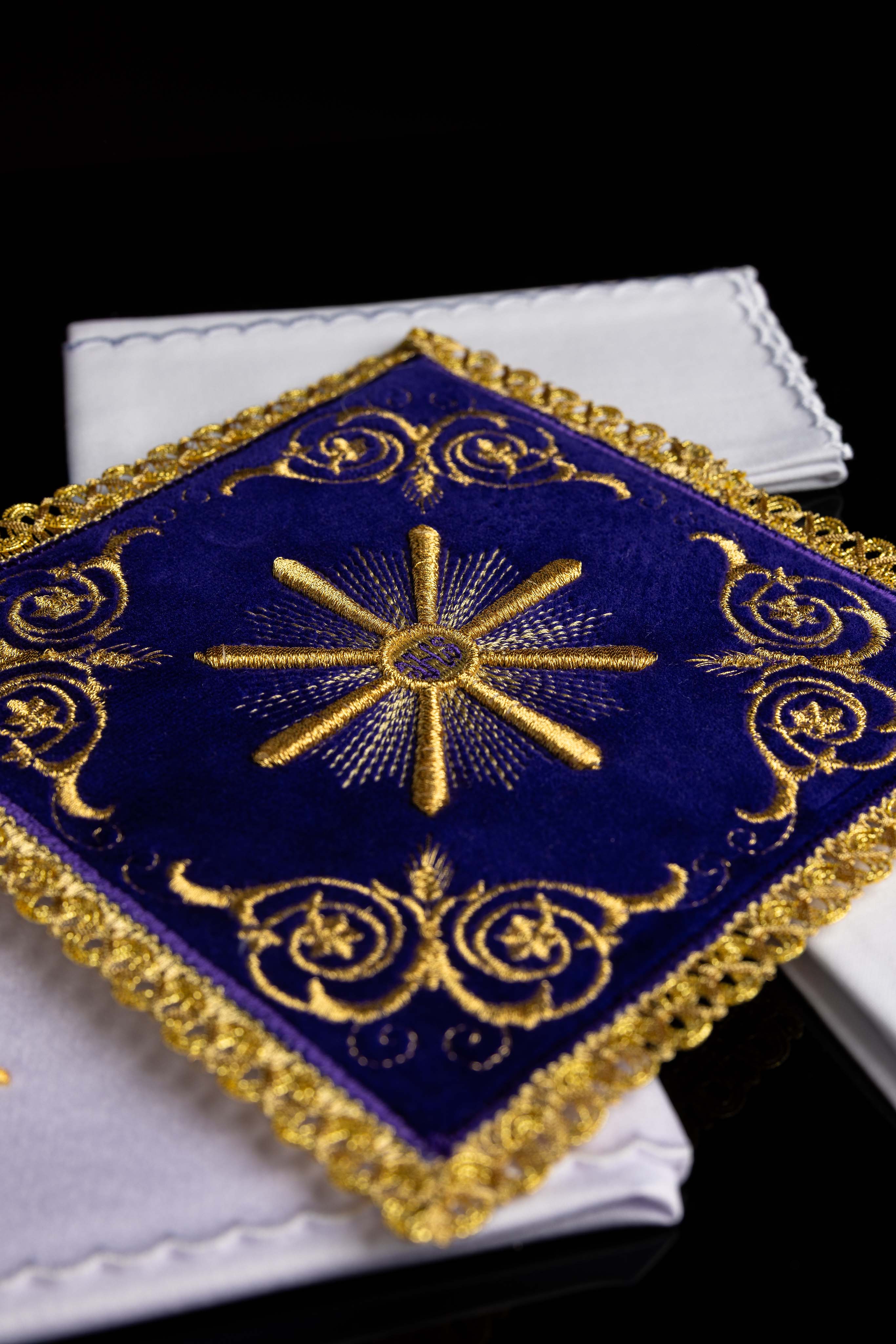Purple velvet embroidered chalice linens set
